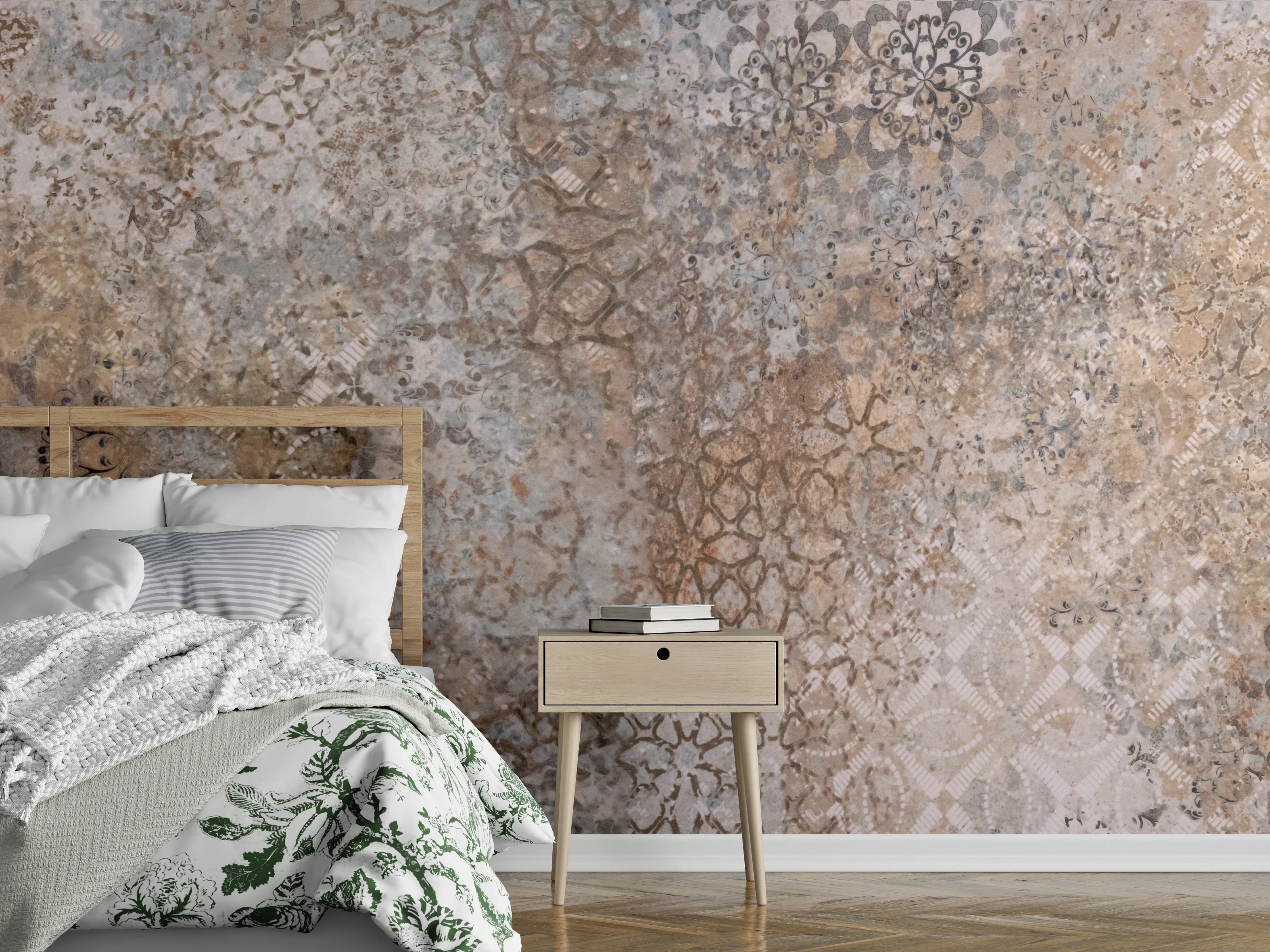 Wandverkleidung Schlafzimmer - Beige Vintage Blumenmuster im Tapeten-Stil