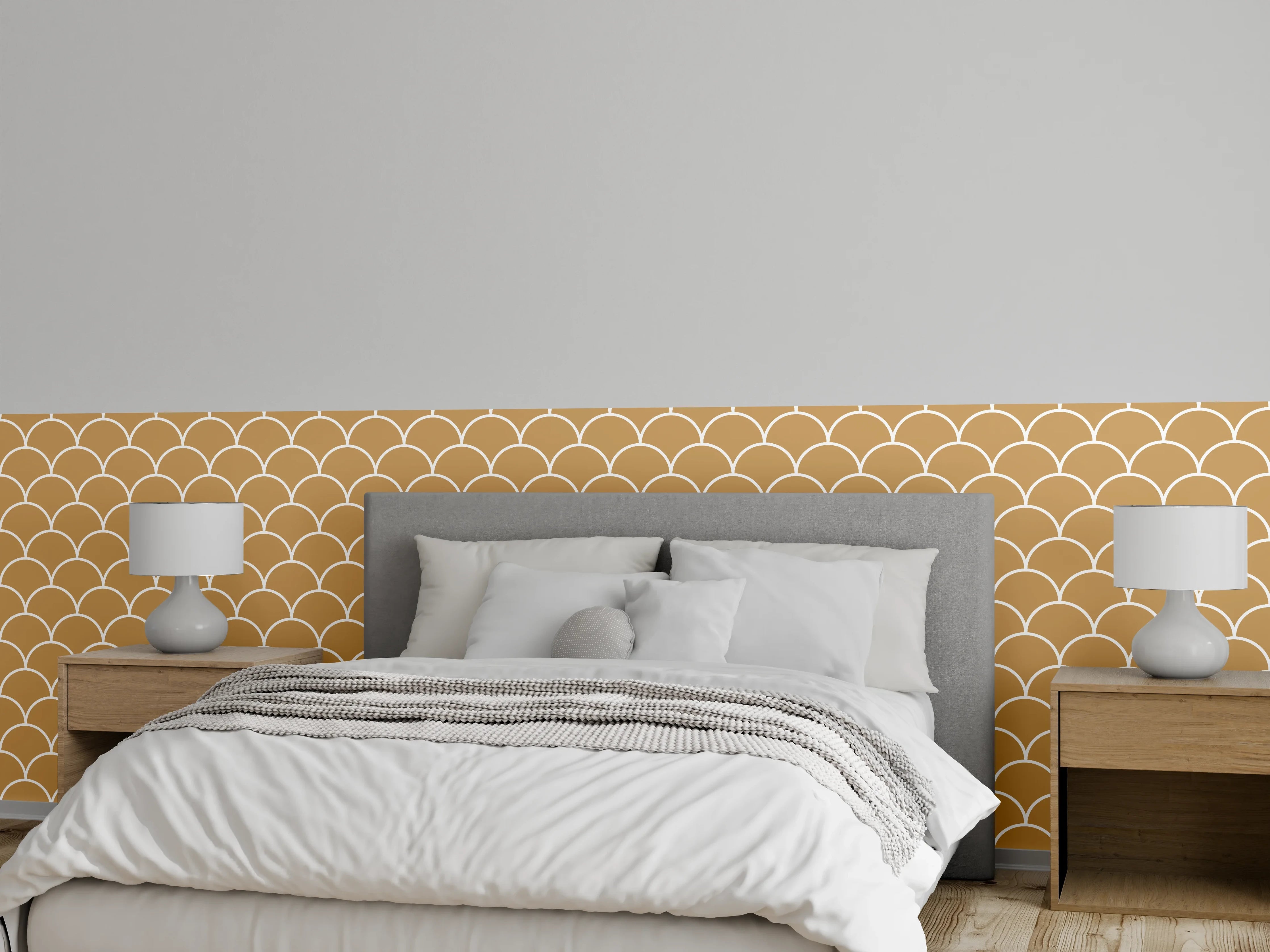 Wandverkleidung Schlafzimmer - Beige Wellenmuster mit goldenen Akzenten