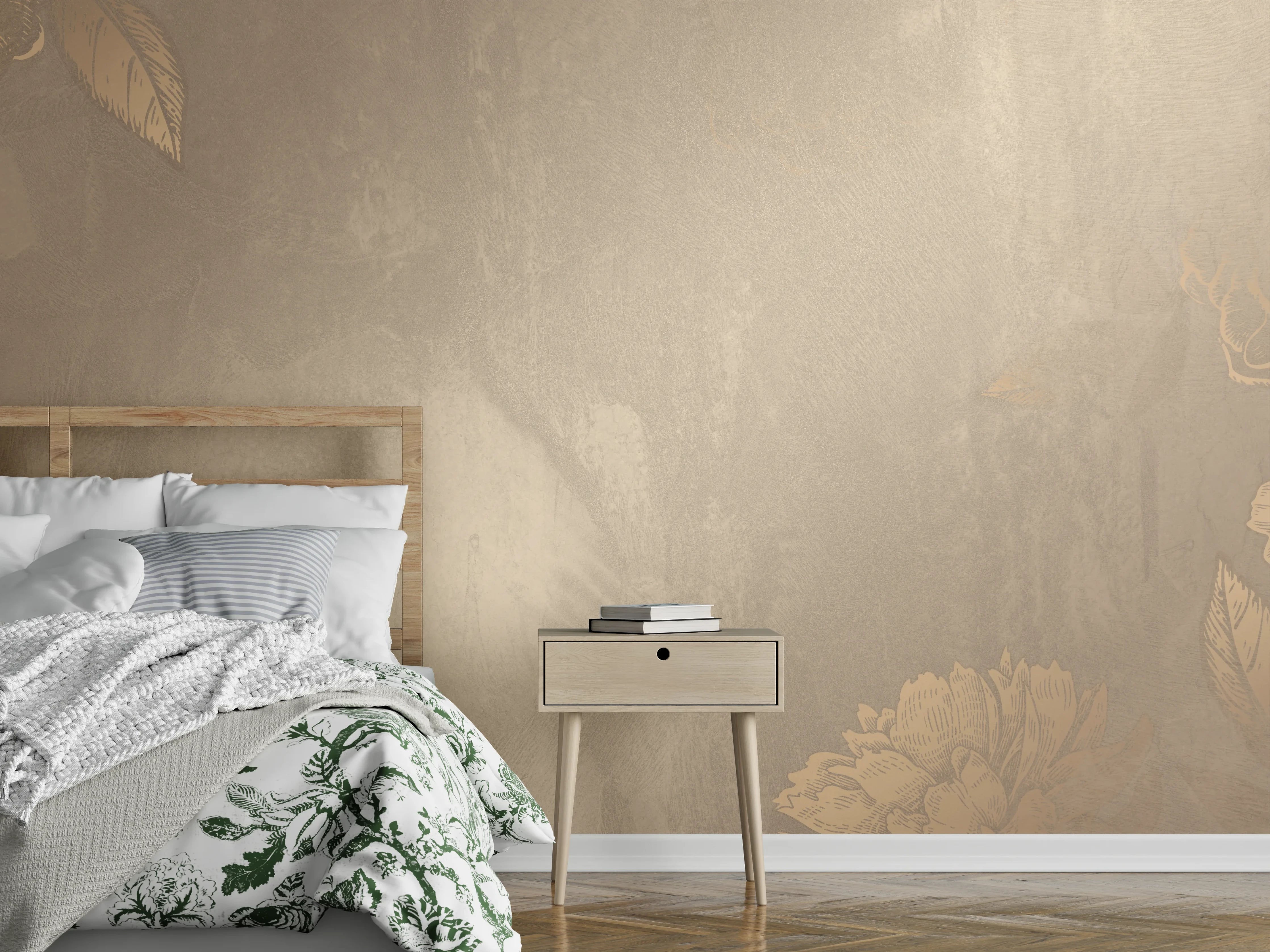 Wandverkleidung Schlafzimmer - Beige florale Eleganz Tapetenmotiv