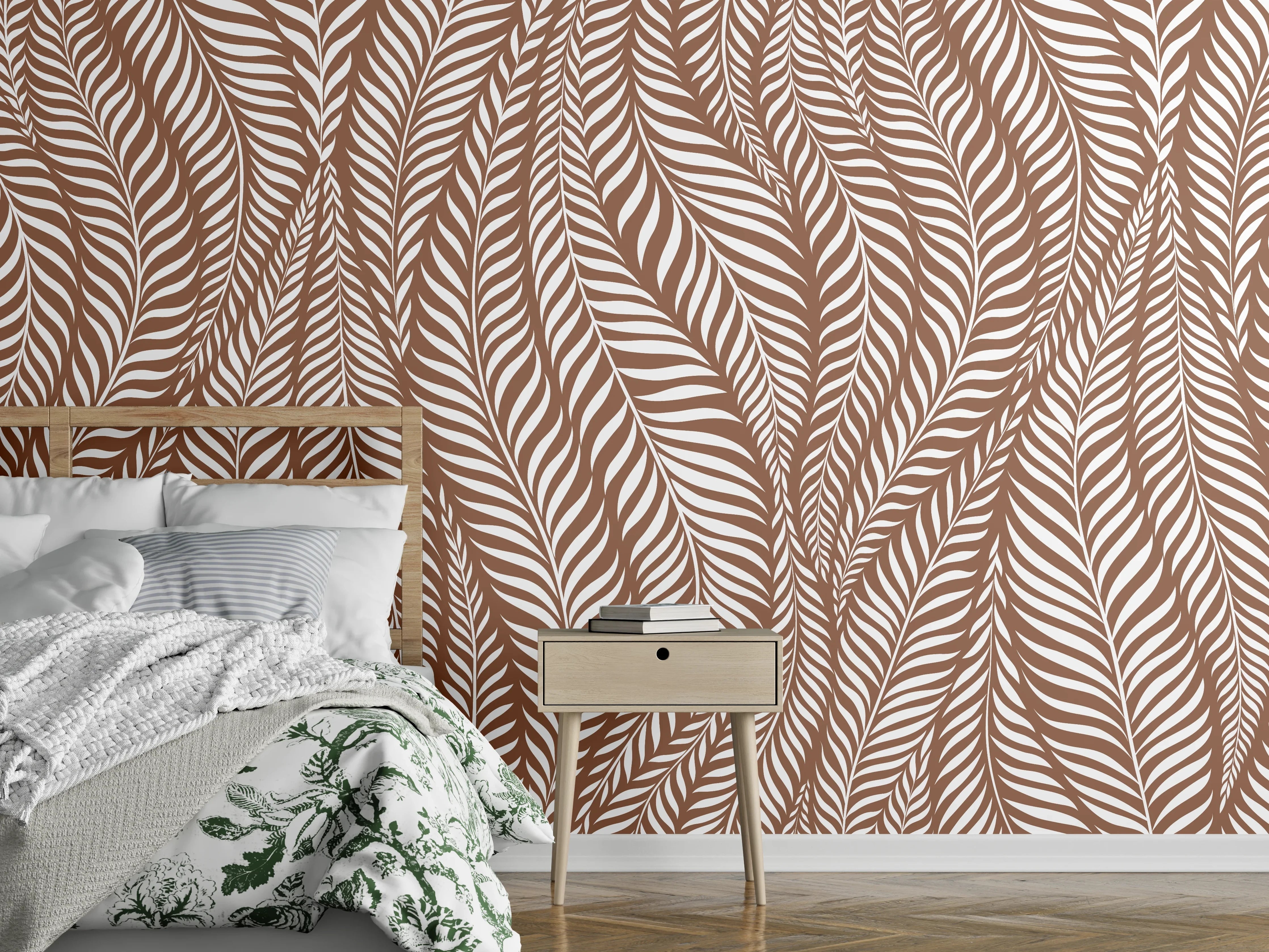 Wandverkleidung Schlafzimmer - Beige und Weiße Blattmuster