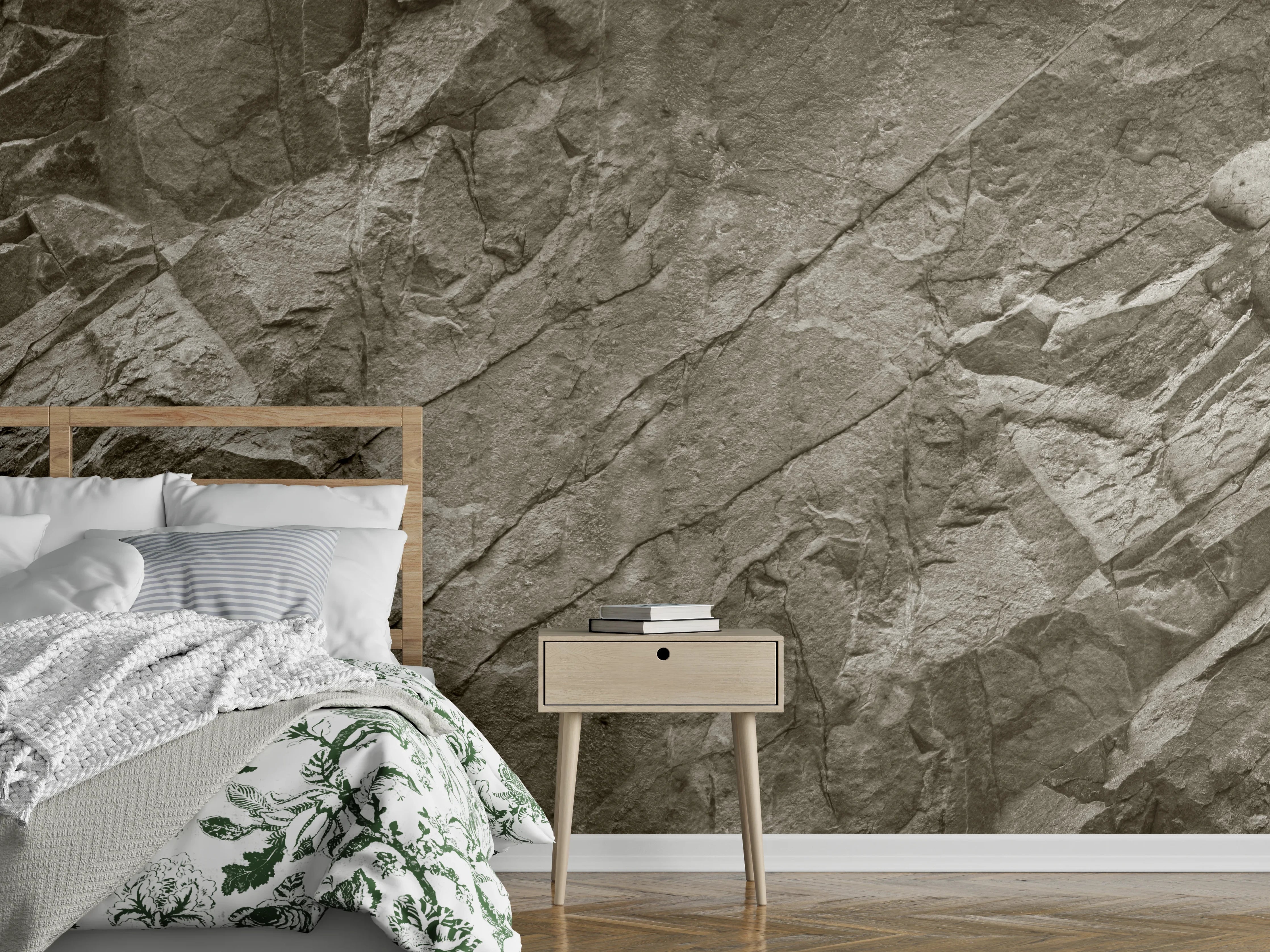 Wandverkleidung Schlafzimmer - Beigenatur mit Felsenstruktur