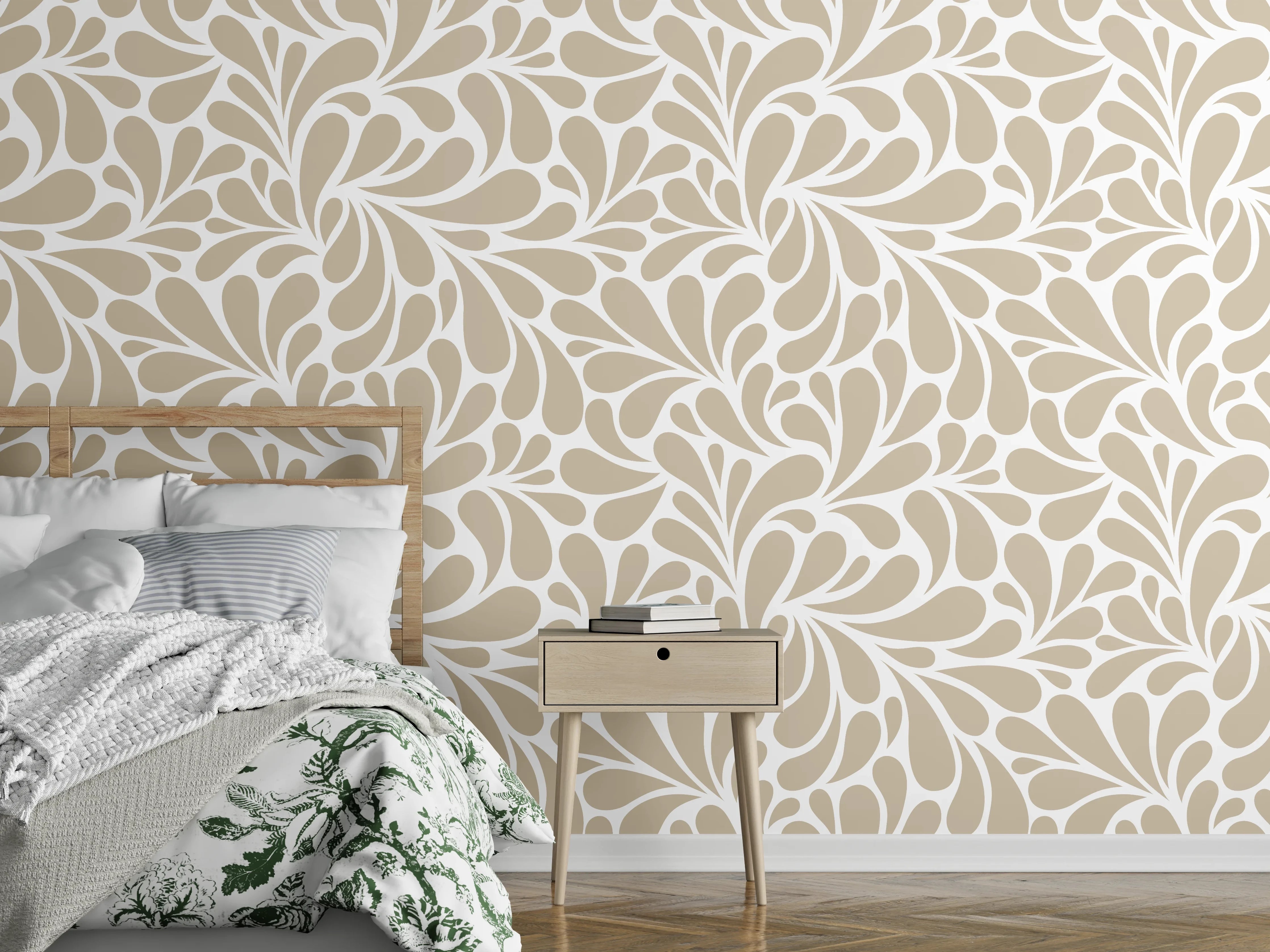 Wandverkleidung Schlafzimmer - Beiges Ornamentmuster auf Weiß – stilvoll