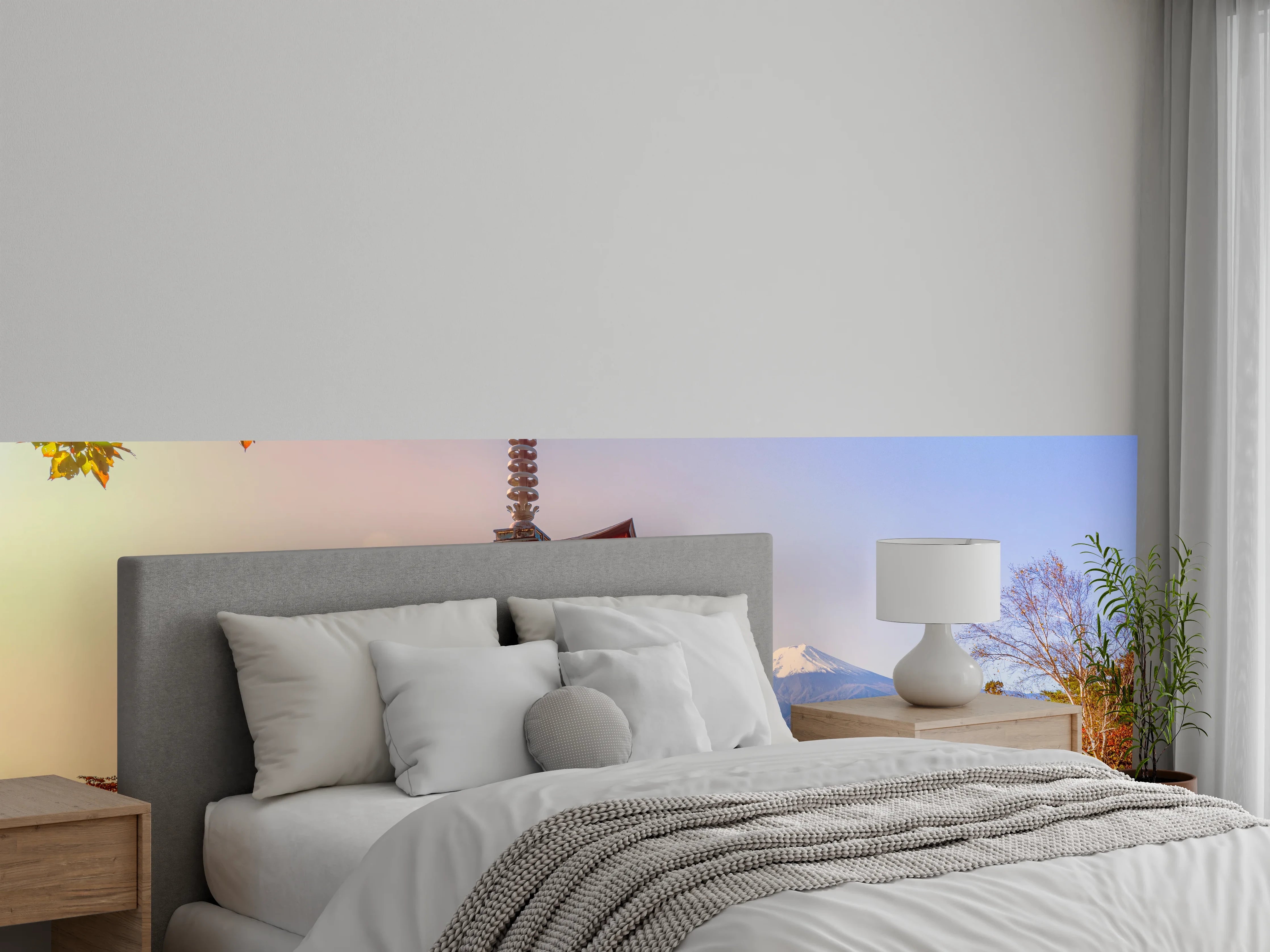 Wandverkleidung Schlafzimmer - Berg Fuji und der traditionelle Chureito-Pagodenschrein