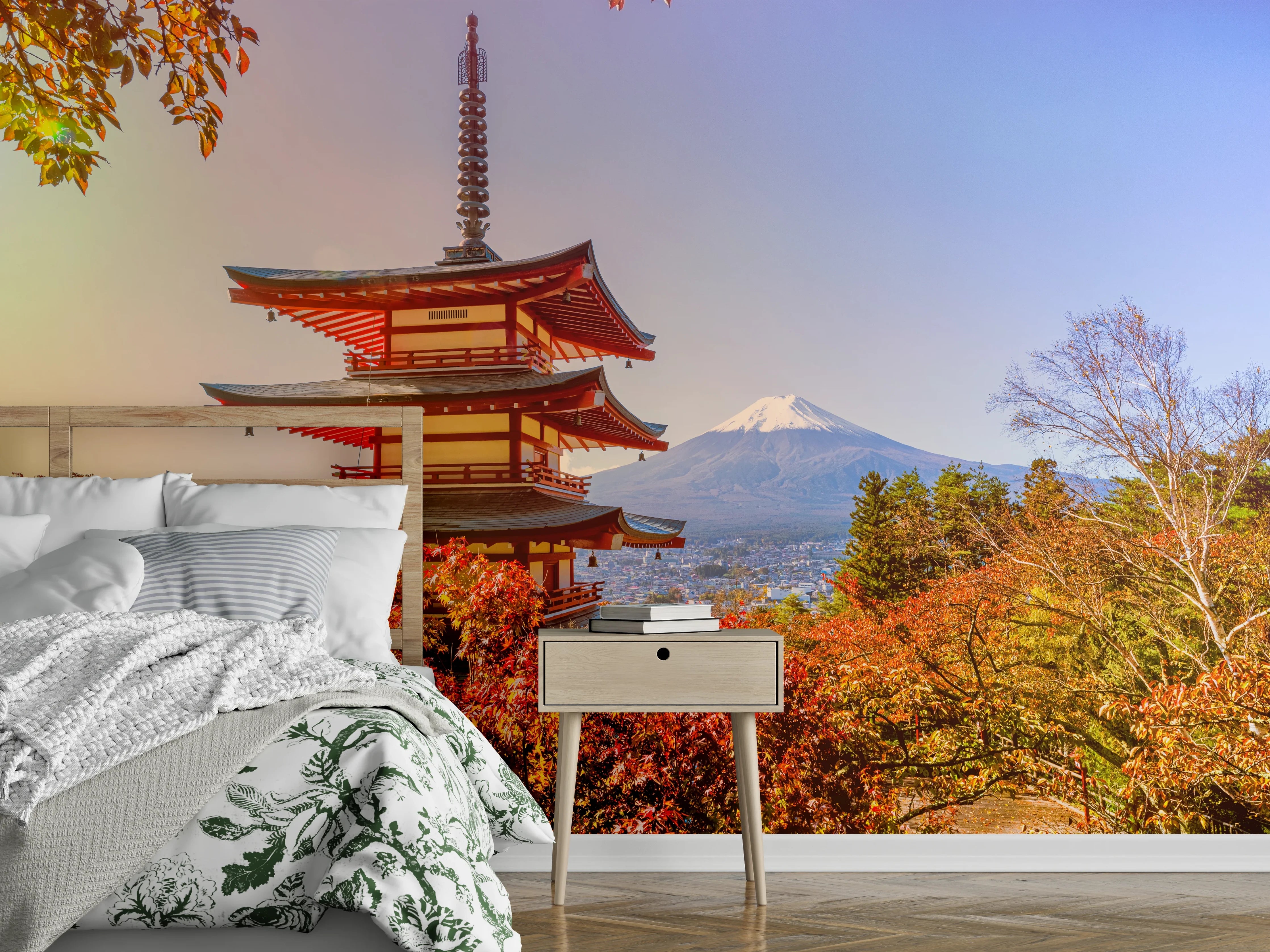 Wandverkleidung Schlafzimmer - Berg Fuji und der traditionelle Chureito-Pagodenschrein
