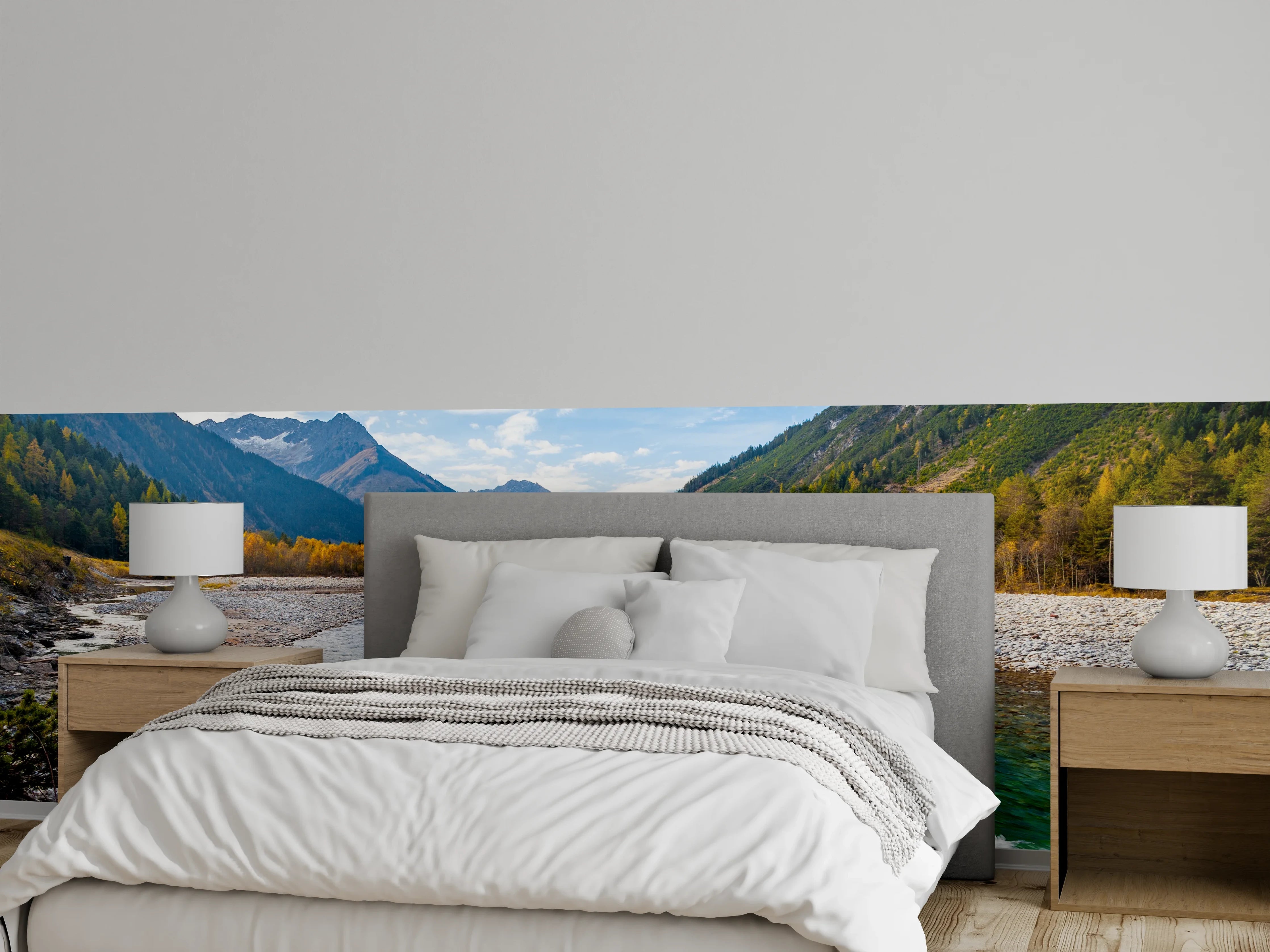 Wandverkleidung Schlafzimmer - Bergfluss Naturidylle unter blauem Himmel
