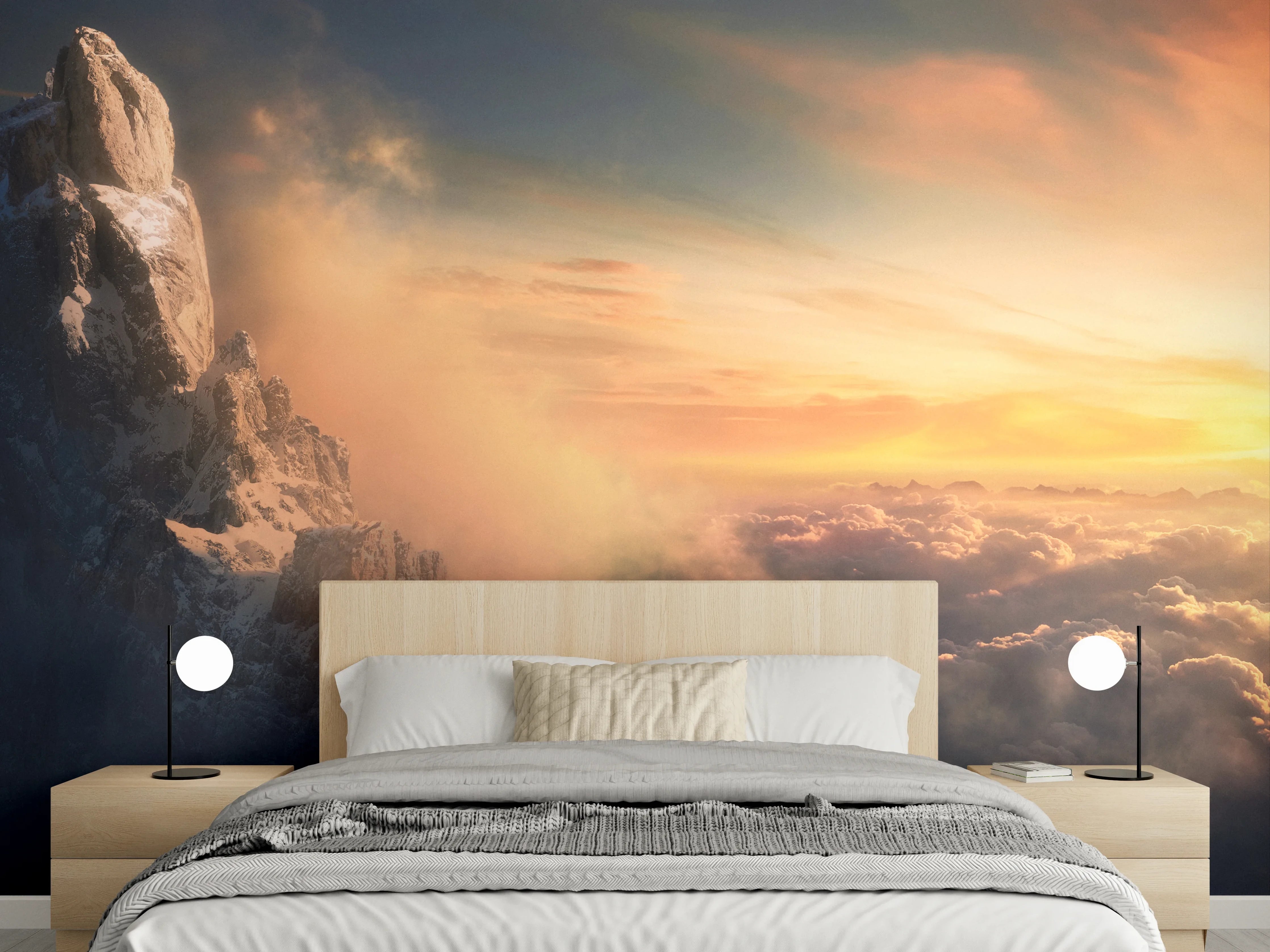 Wandverkleidung Schlafzimmer - Berggipfel im Sonnenmeer Panorama