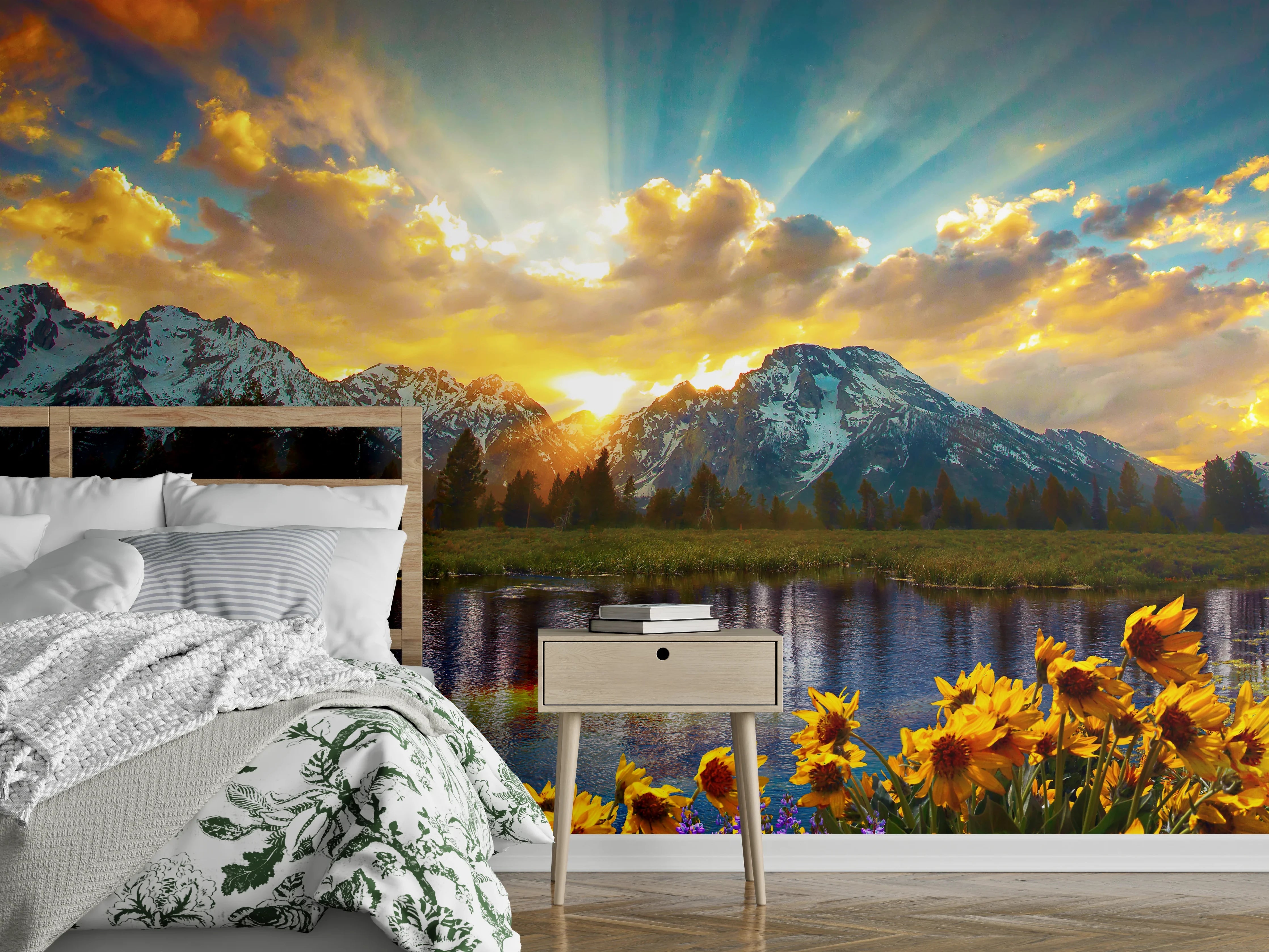Wandverkleidung Schlafzimmer - Berglandschaft am See Sonnenuntergang