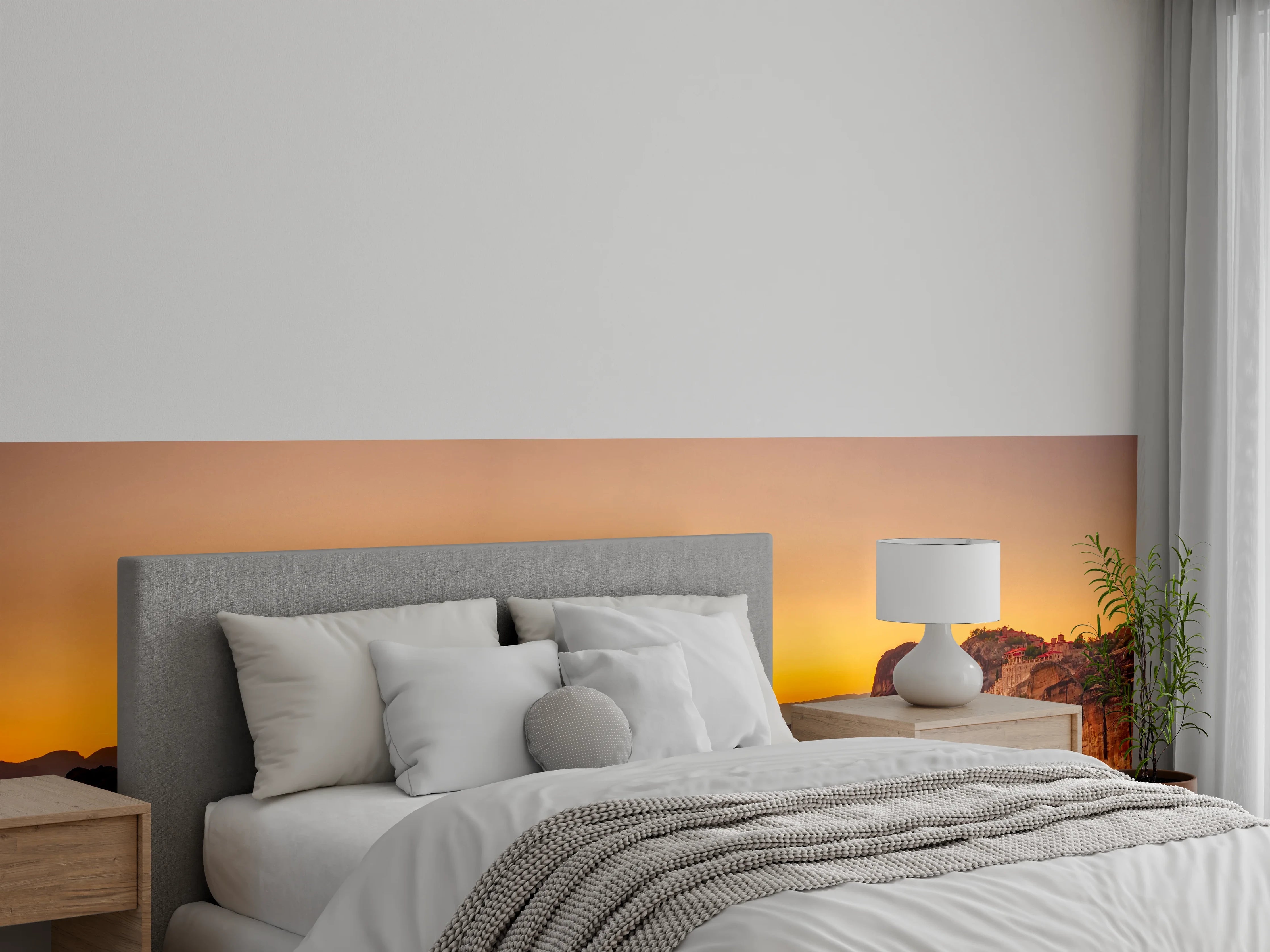 Wandverkleidung Schlafzimmer - Berglandschaft im Sonnenuntergang Panorama
