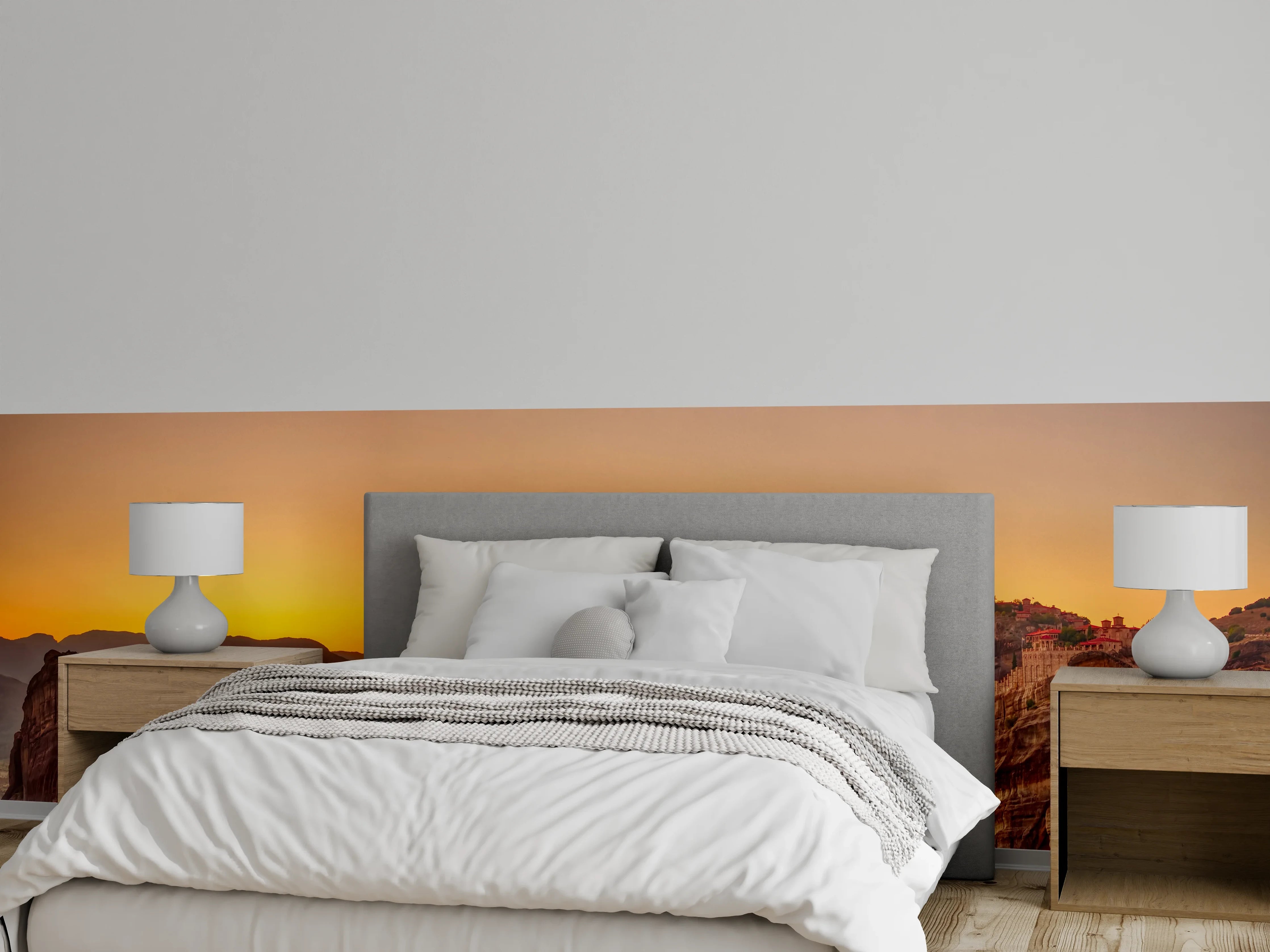 Wandverkleidung Schlafzimmer - Berglandschaft im Sonnenuntergang Panorama