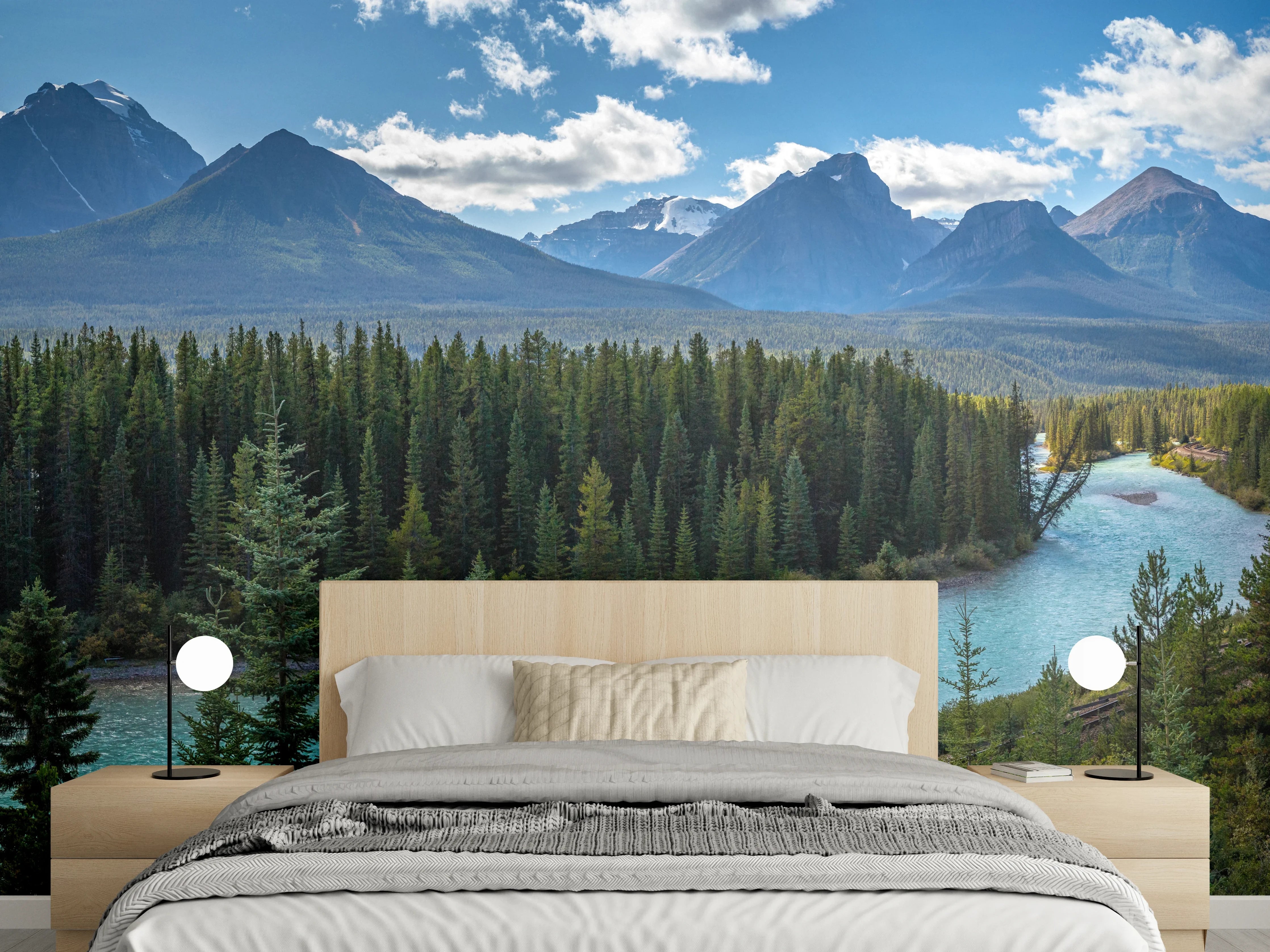 Wandverkleidung Schlafzimmer - Berglandschaft mit Fluss und Wald
