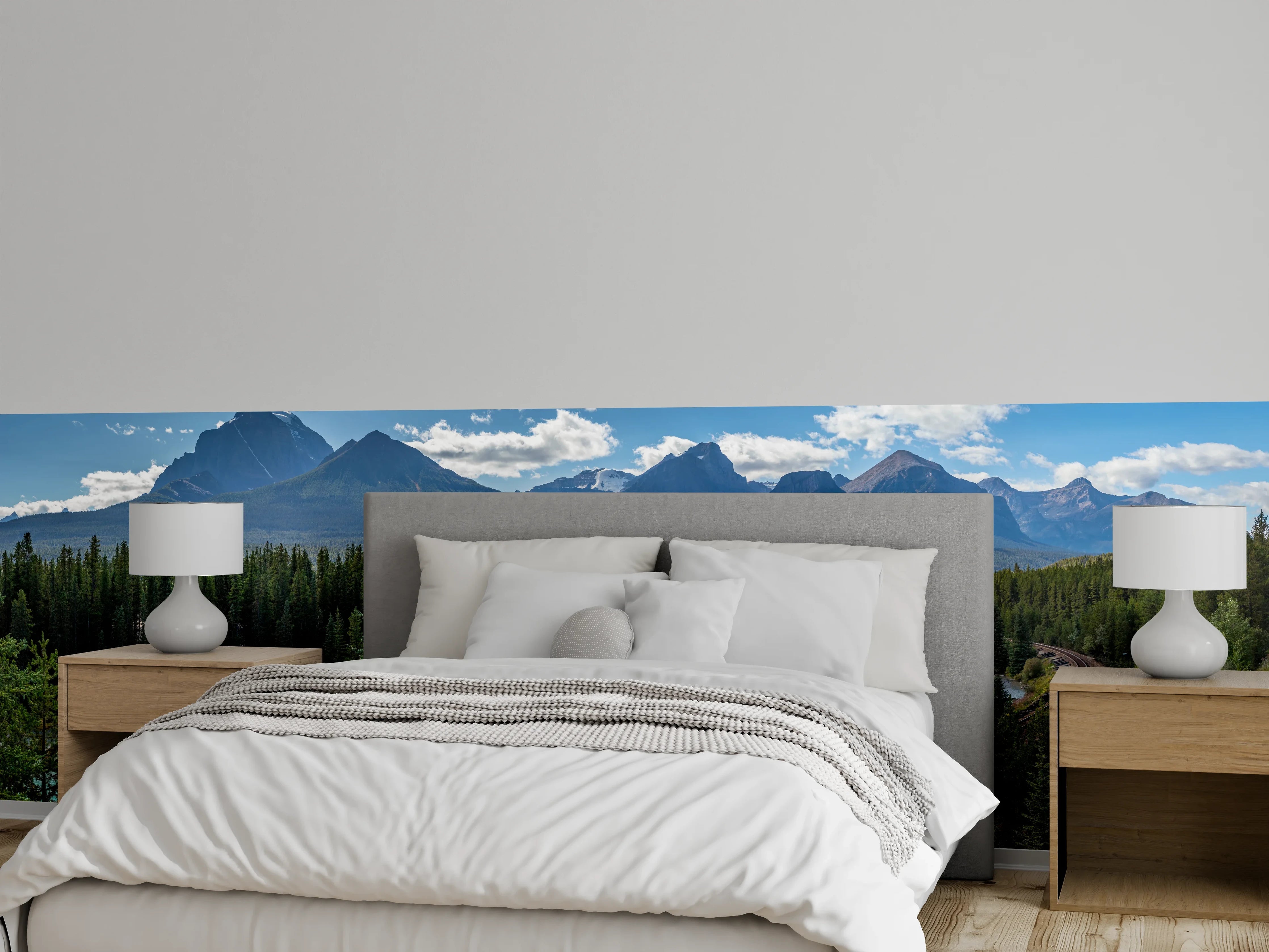 Wandverkleidung Schlafzimmer - Berglandschaft mit Fluss und Wald