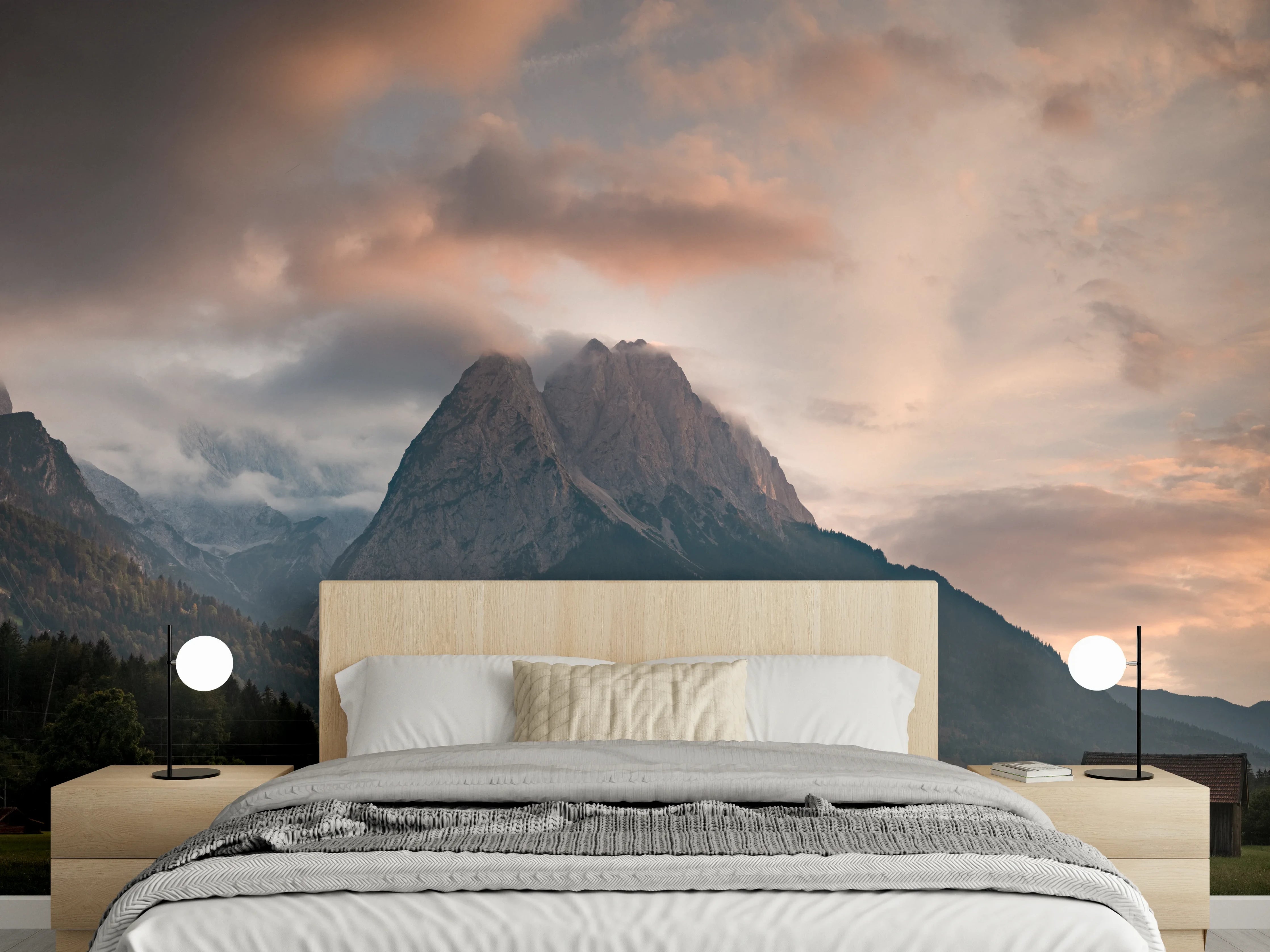 Wandverkleidung Schlafzimmer - Bergpanorama Sonnenuntergang Alpen Wiese