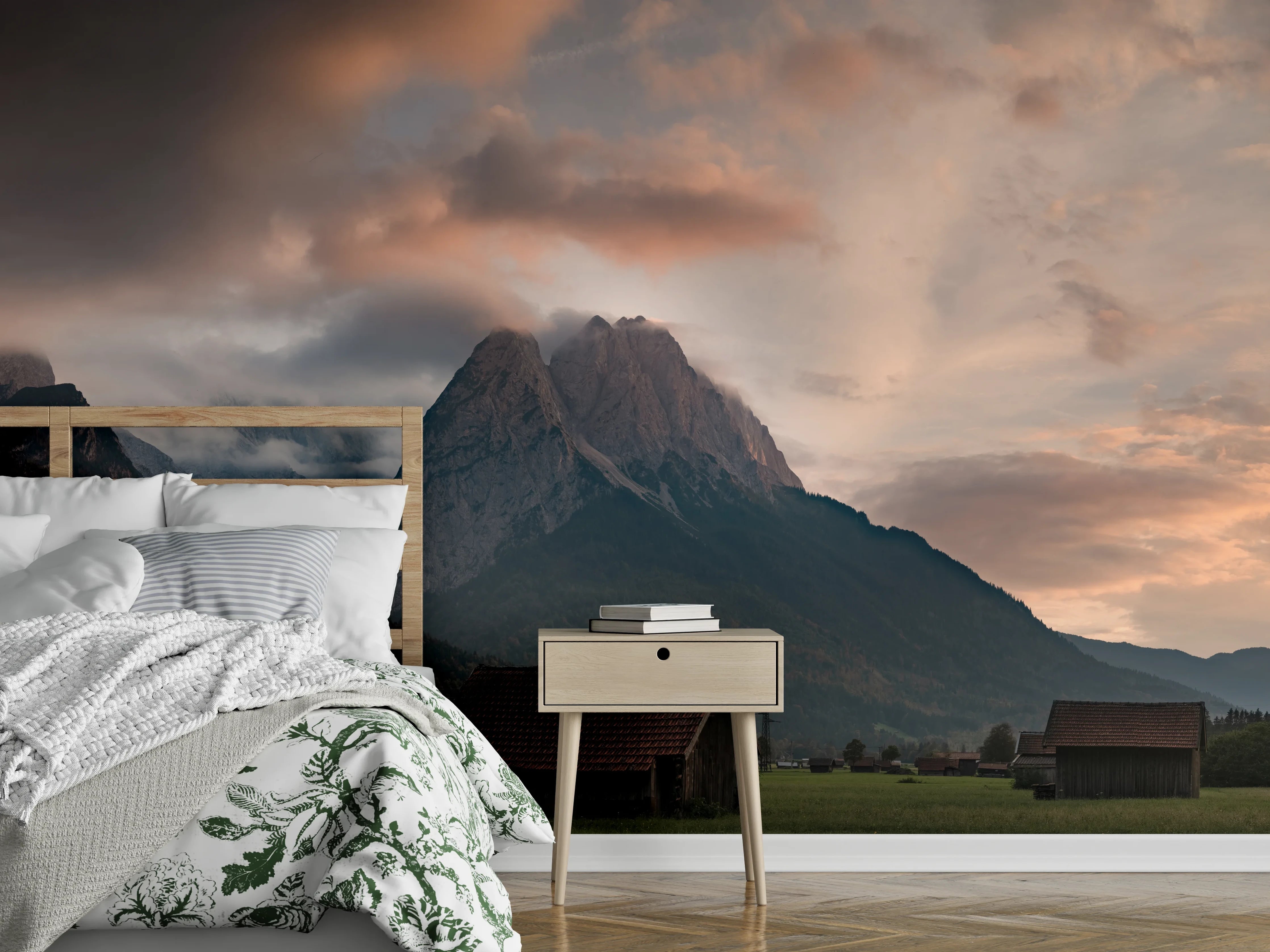 Wandverkleidung Schlafzimmer - Bergpanorama Sonnenuntergang Alpen Wiese