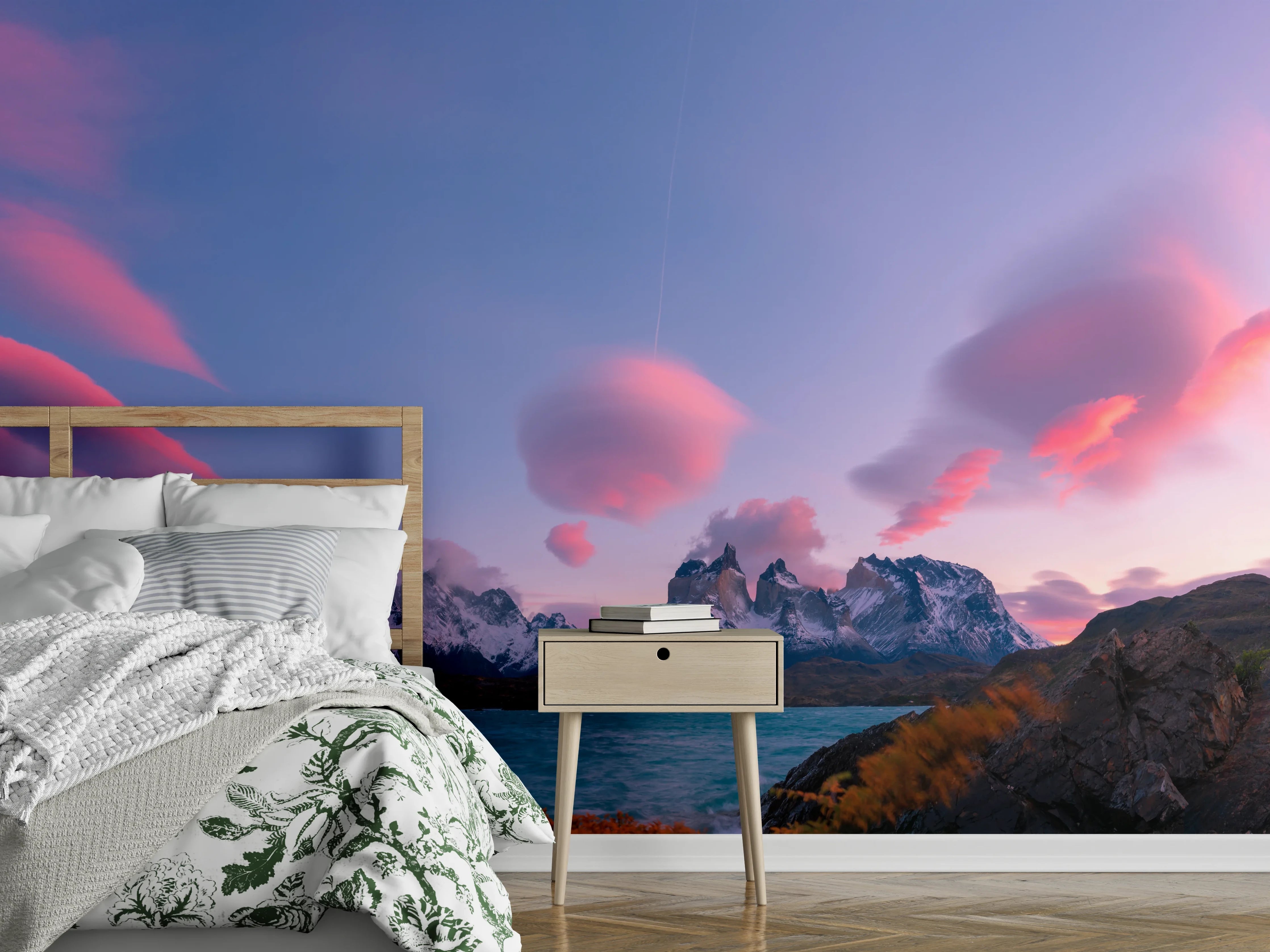 Wandverkleidung Schlafzimmer - Bergpanorama im rosa Sonnenuntergang