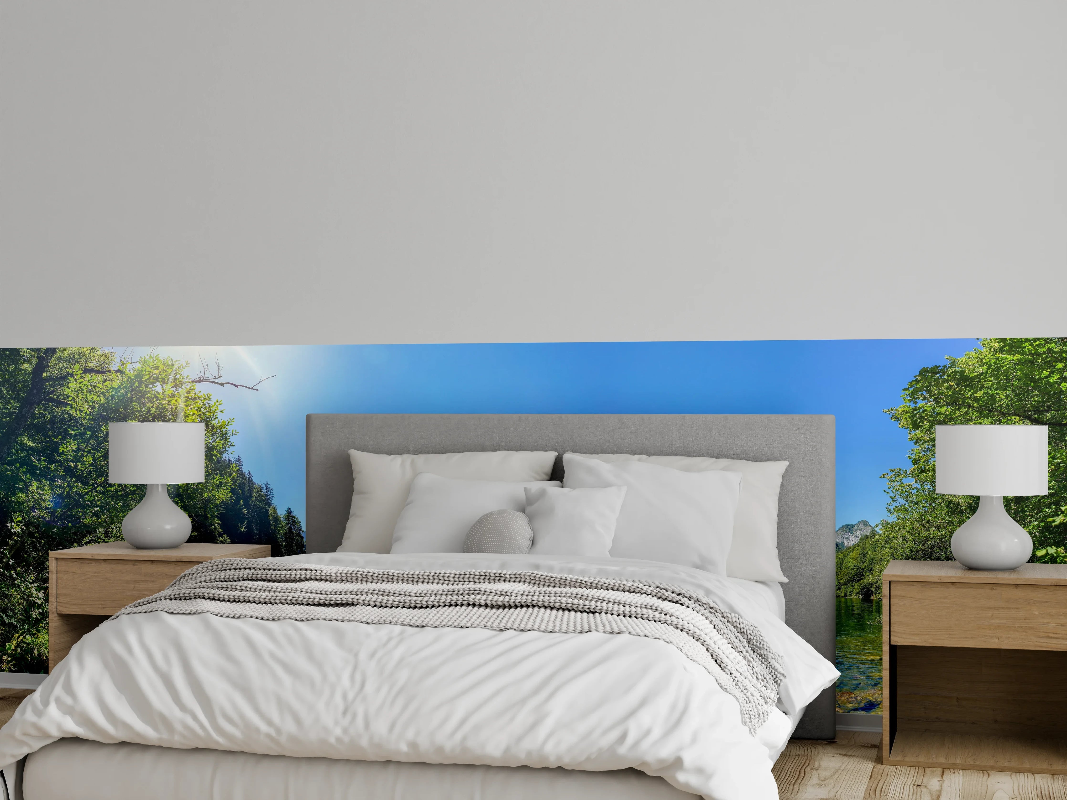 Wandverkleidung Schlafzimmer - Bergsee-Panorama Sonnenlicht