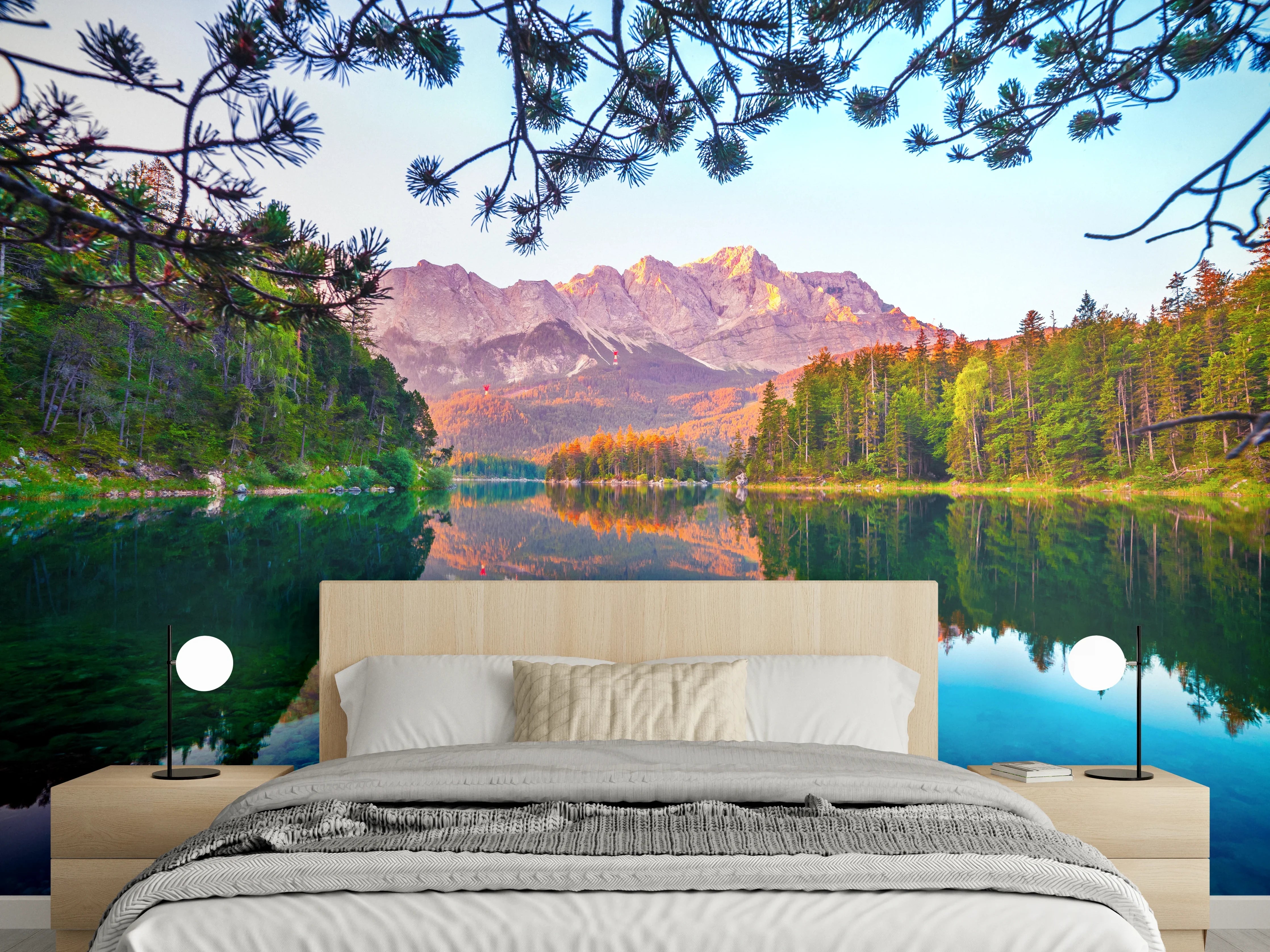 Wandverkleidung Schlafzimmer - Bergsee Panorama Sonnenuntergang Wandbild