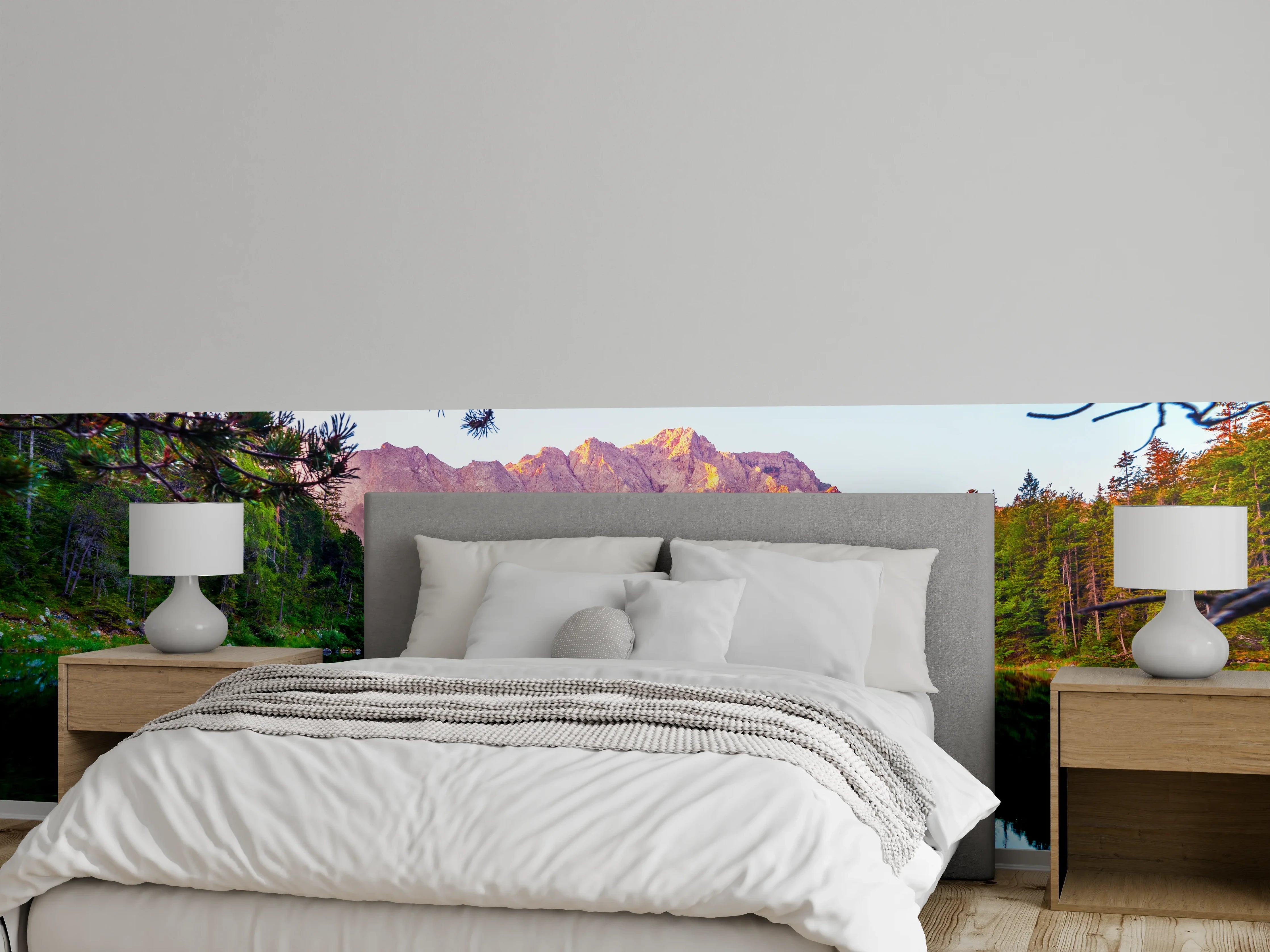 Wandverkleidung Schlafzimmer - Bergsee Panorama Sonnenuntergang Wandbild