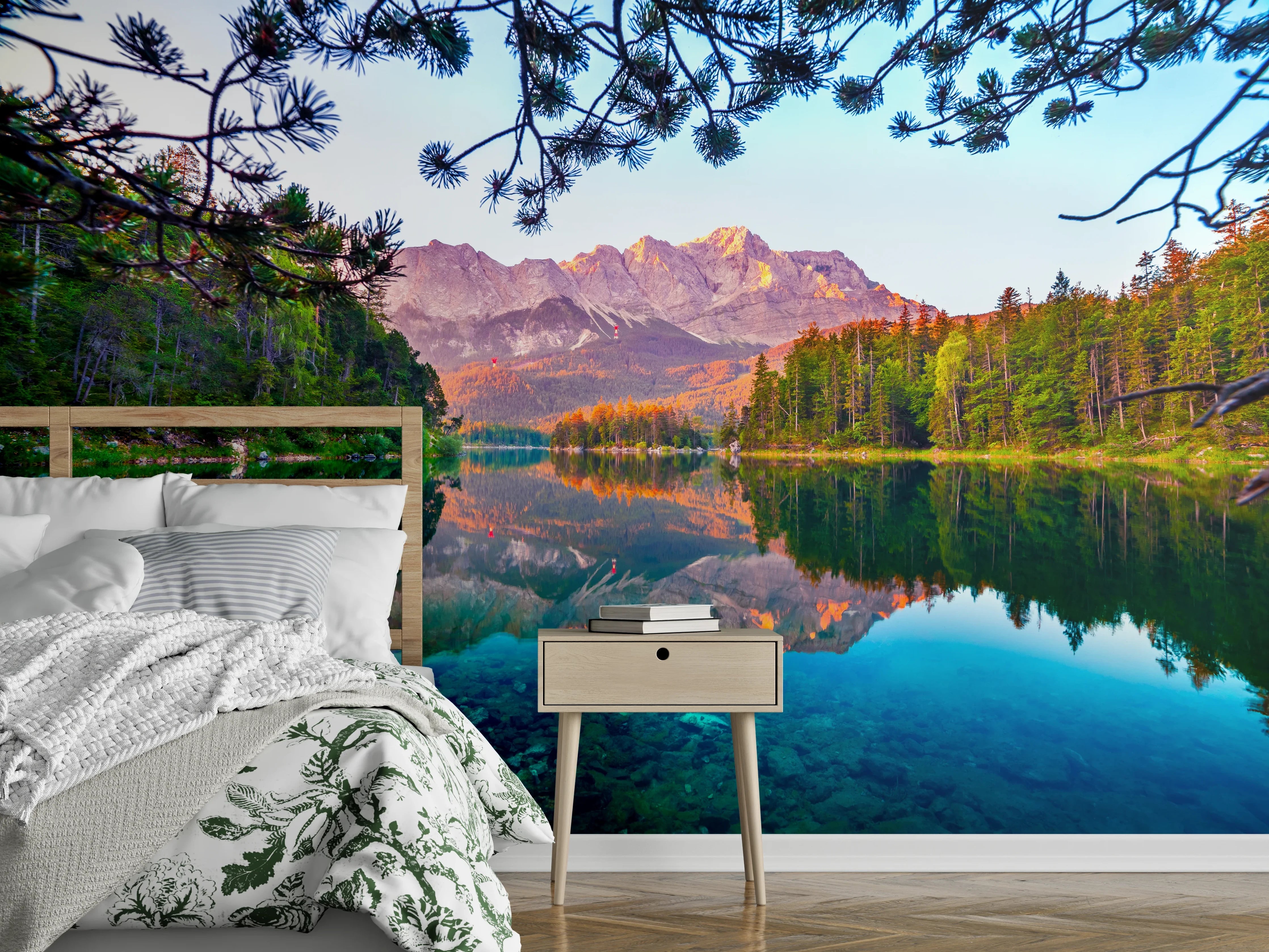 Wandverkleidung Schlafzimmer - Bergsee Panorama Sonnenuntergang Wandbild
