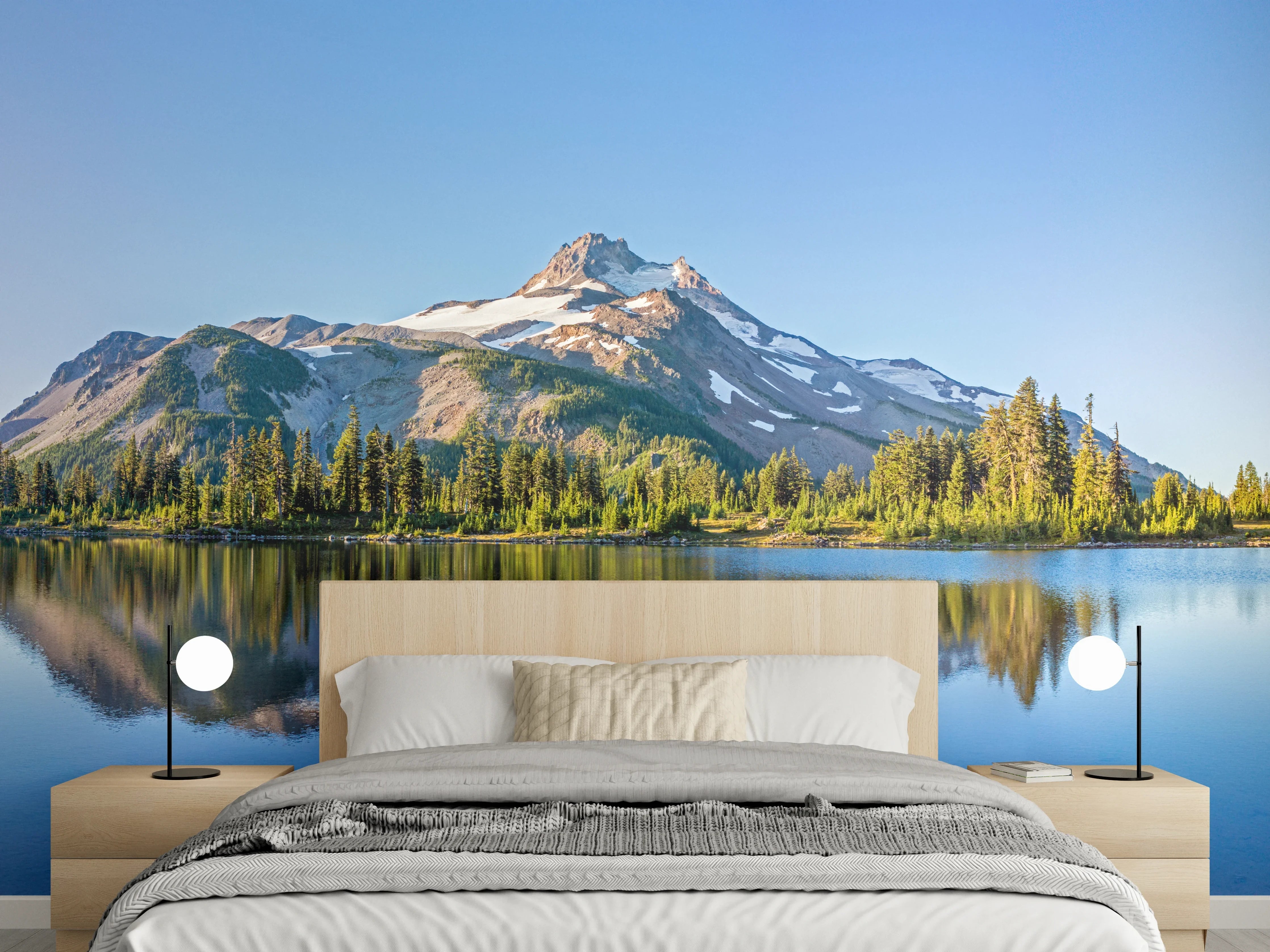 Wandverkleidung Schlafzimmer - Bergsee Panorama Spiegelung Wandbild