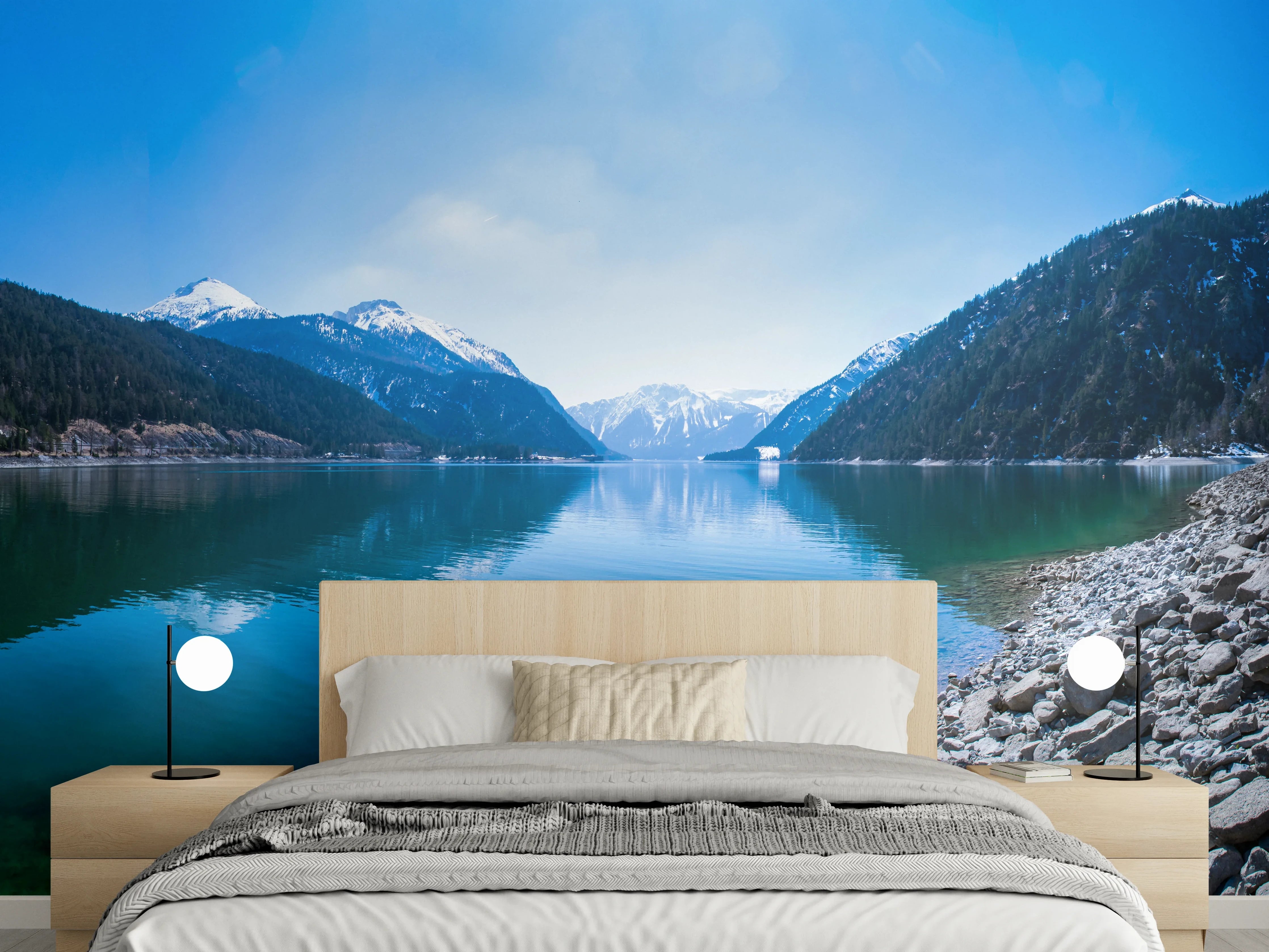 Wandverkleidung Schlafzimmer - Bergsee Panorama – Ruhe & Natur