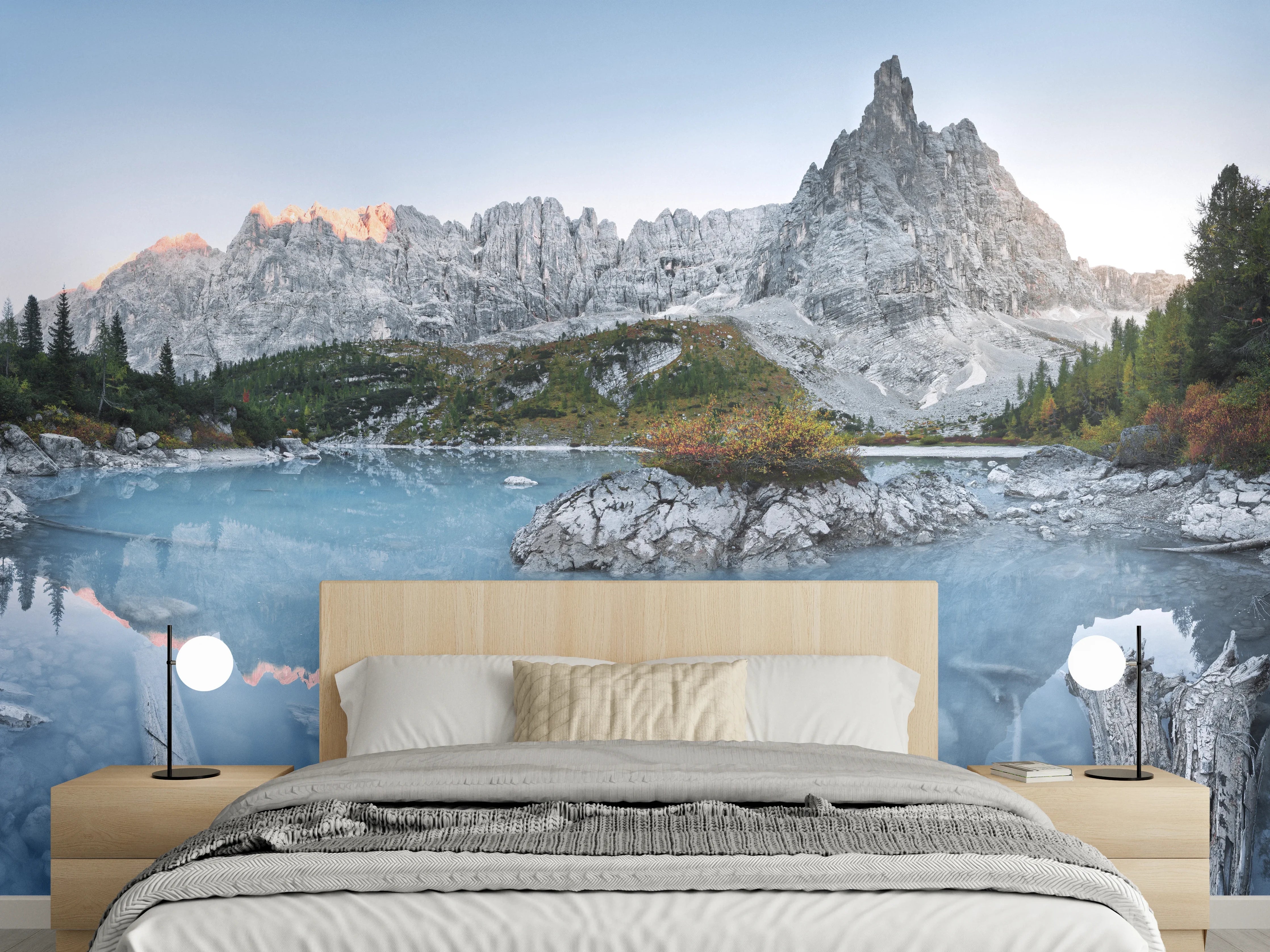 Wandverkleidung Schlafzimmer - Bergsee Panorama mit Dolomiten