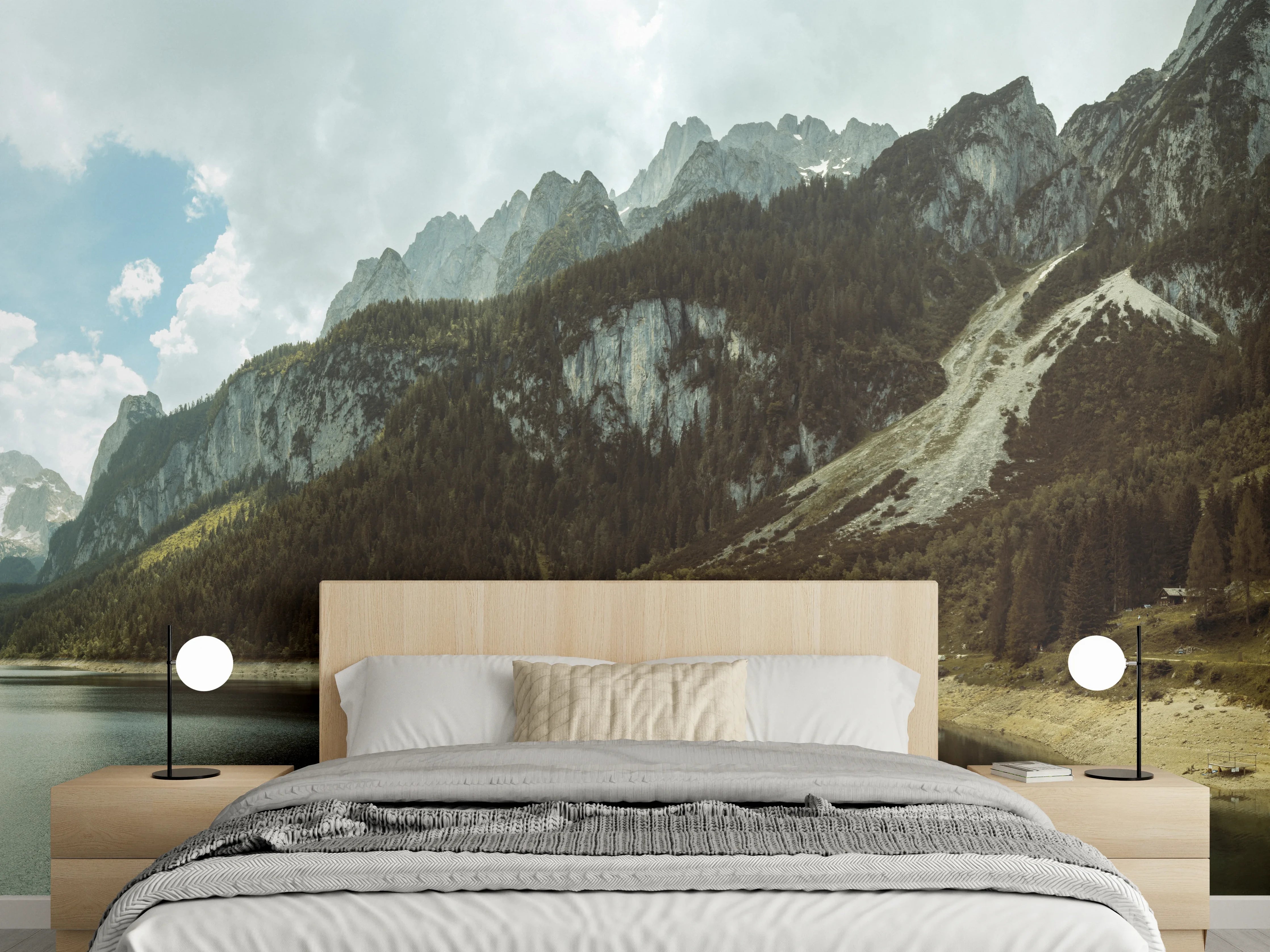 Wandverkleidung Schlafzimmer - Bergsee Panorama mit Fichten und Gipfeln