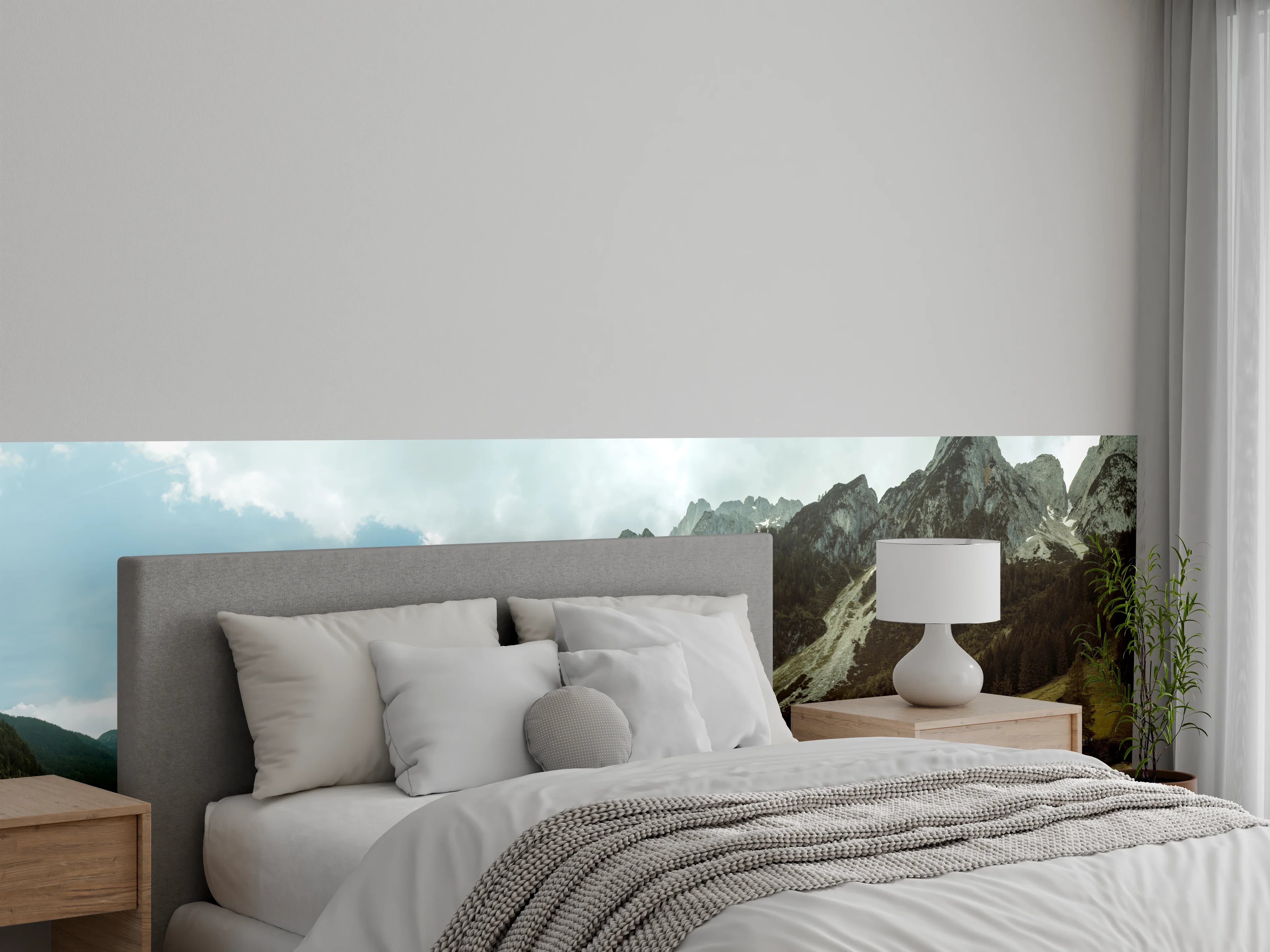 Wandverkleidung Schlafzimmer - Bergsee Panorama mit Fichten und Gipfeln