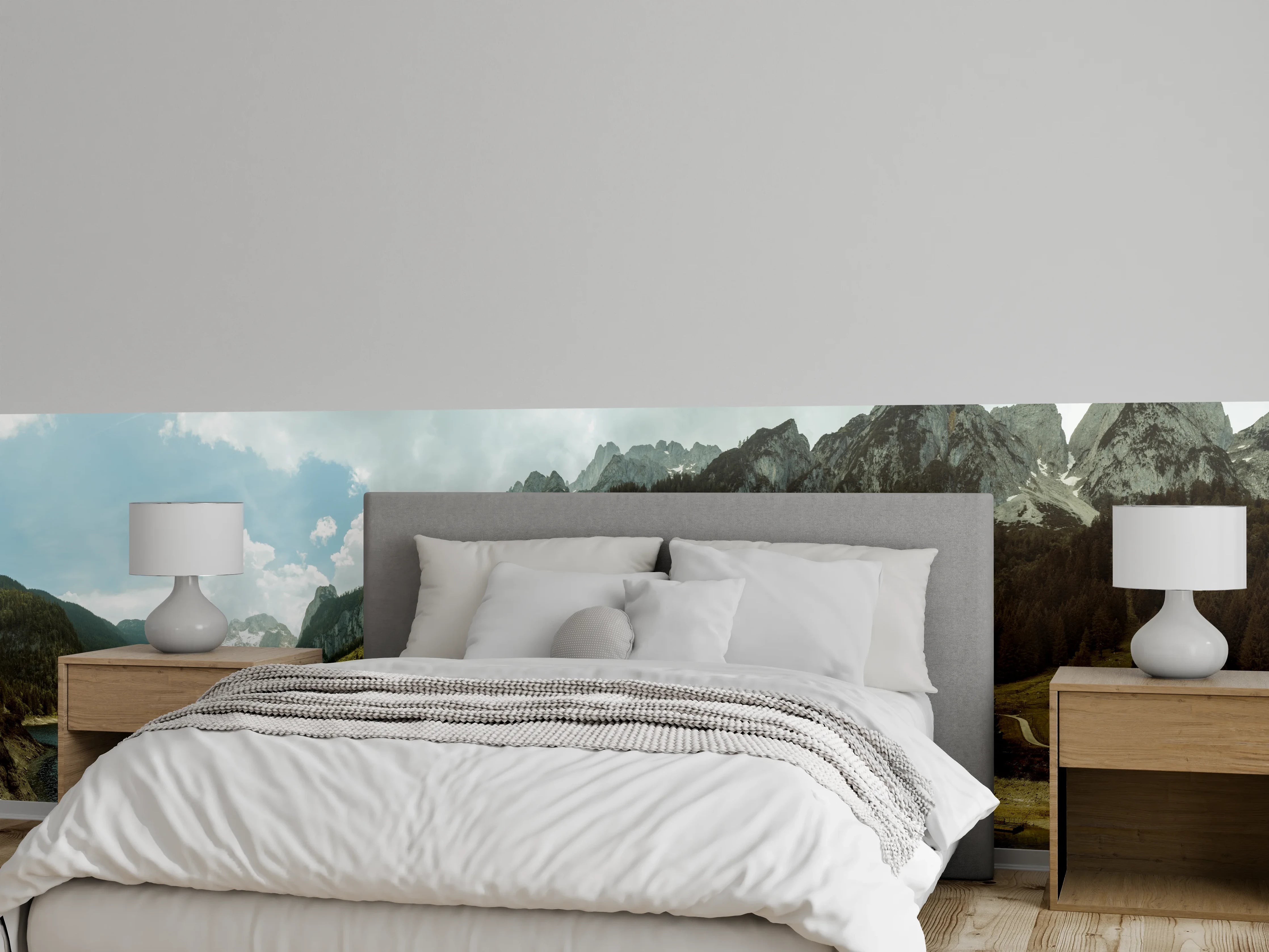 Wandverkleidung Schlafzimmer - Bergsee Panorama mit Fichten und Gipfeln