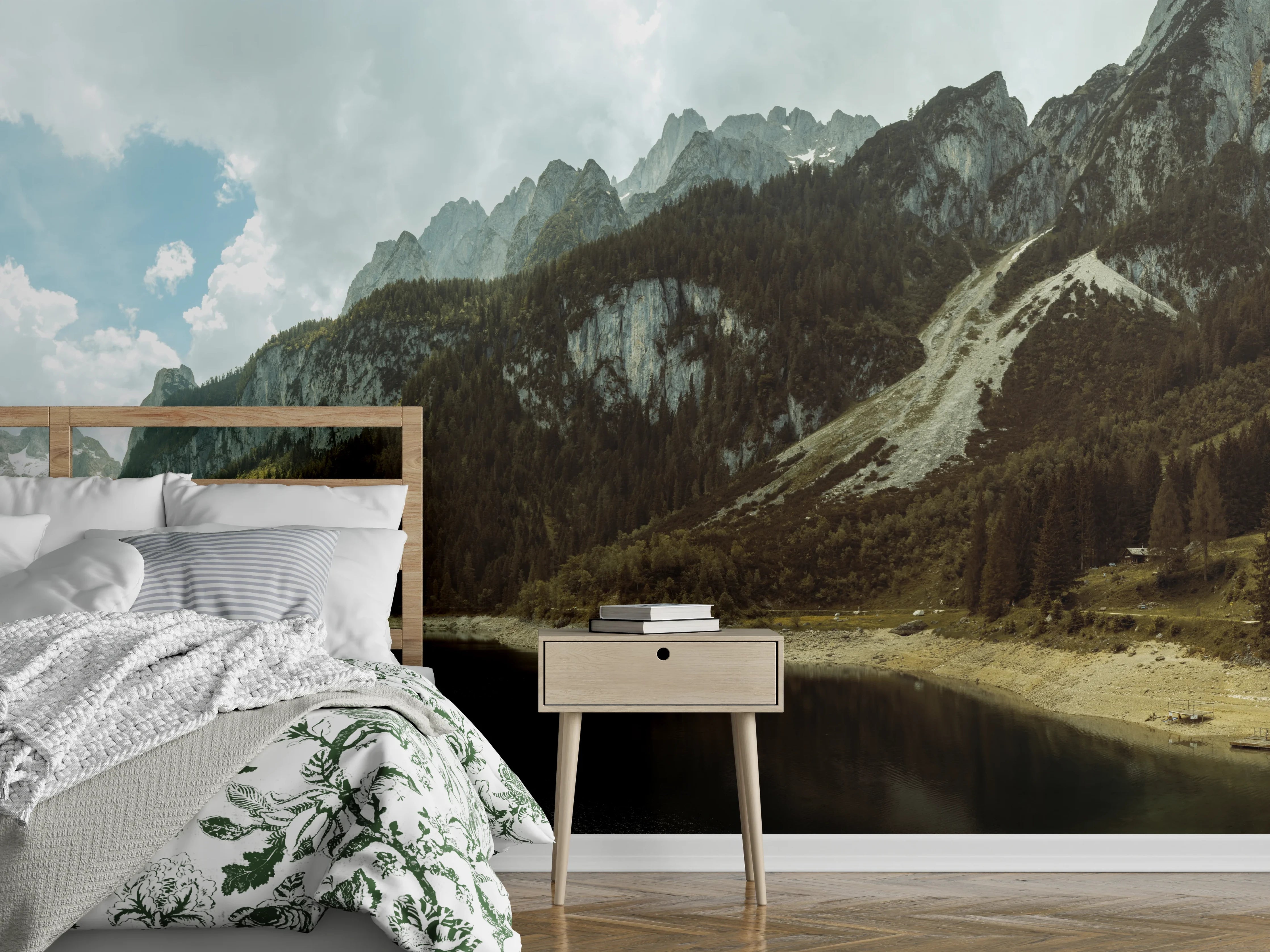 Wandverkleidung Schlafzimmer - Bergsee Panorama mit Fichten und Gipfeln