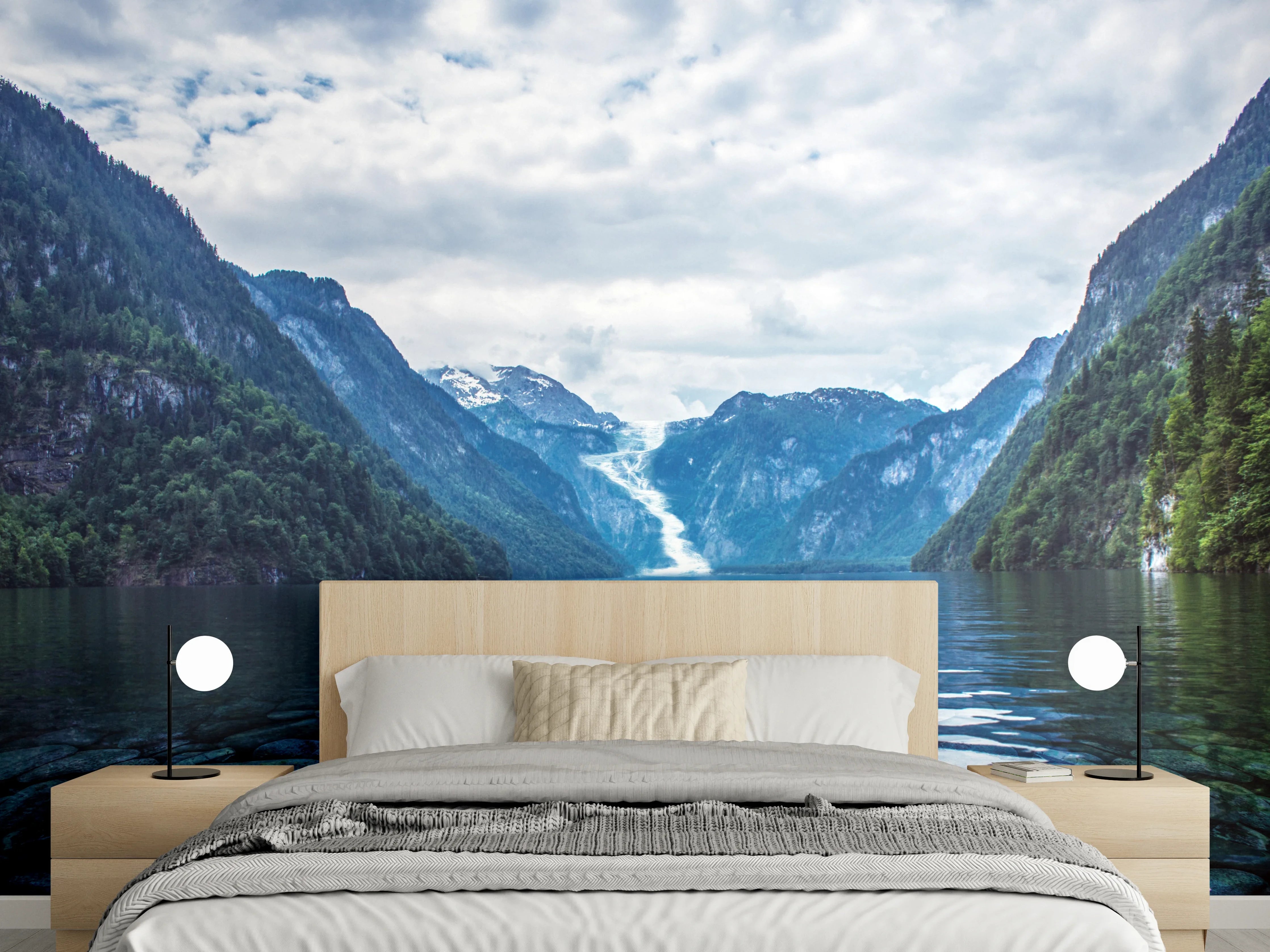 Wandverkleidung Schlafzimmer - Bergsee Panorama mit Wasserfall