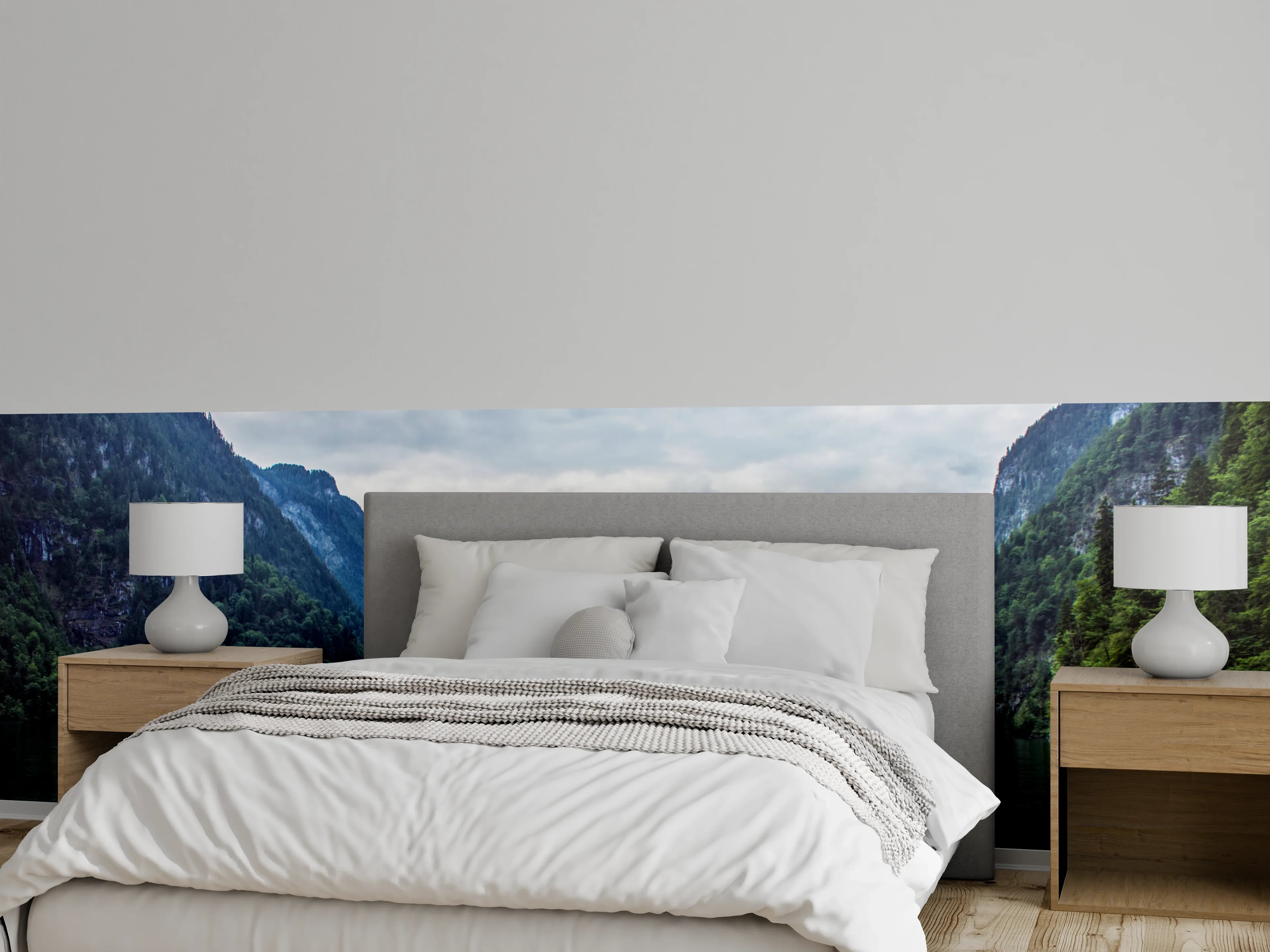 Wandverkleidung Schlafzimmer - Bergsee Panorama mit Wasserfall