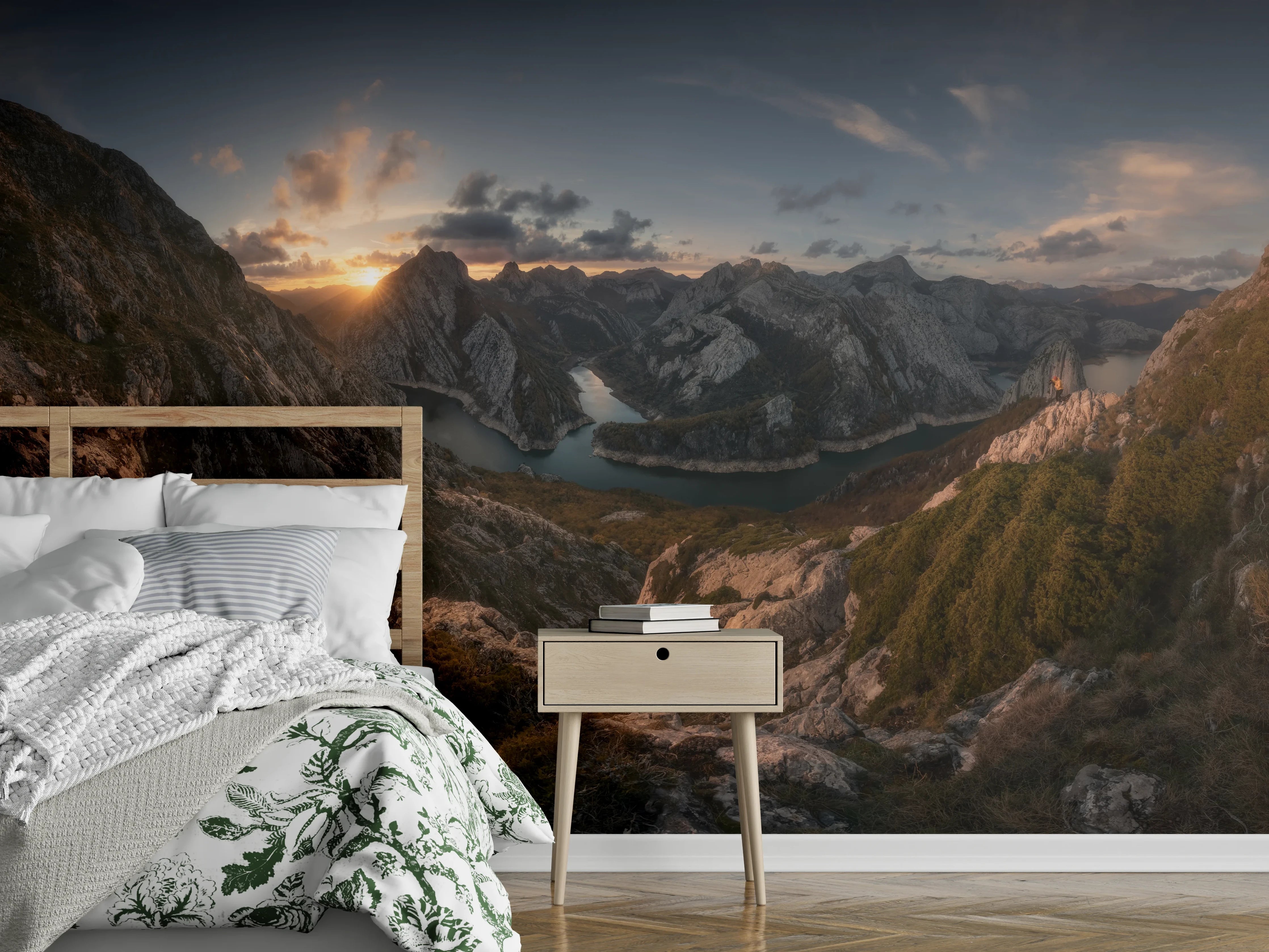 Wandverkleidung Schlafzimmer - Bergsee Sonnenuntergang Panorama Natur