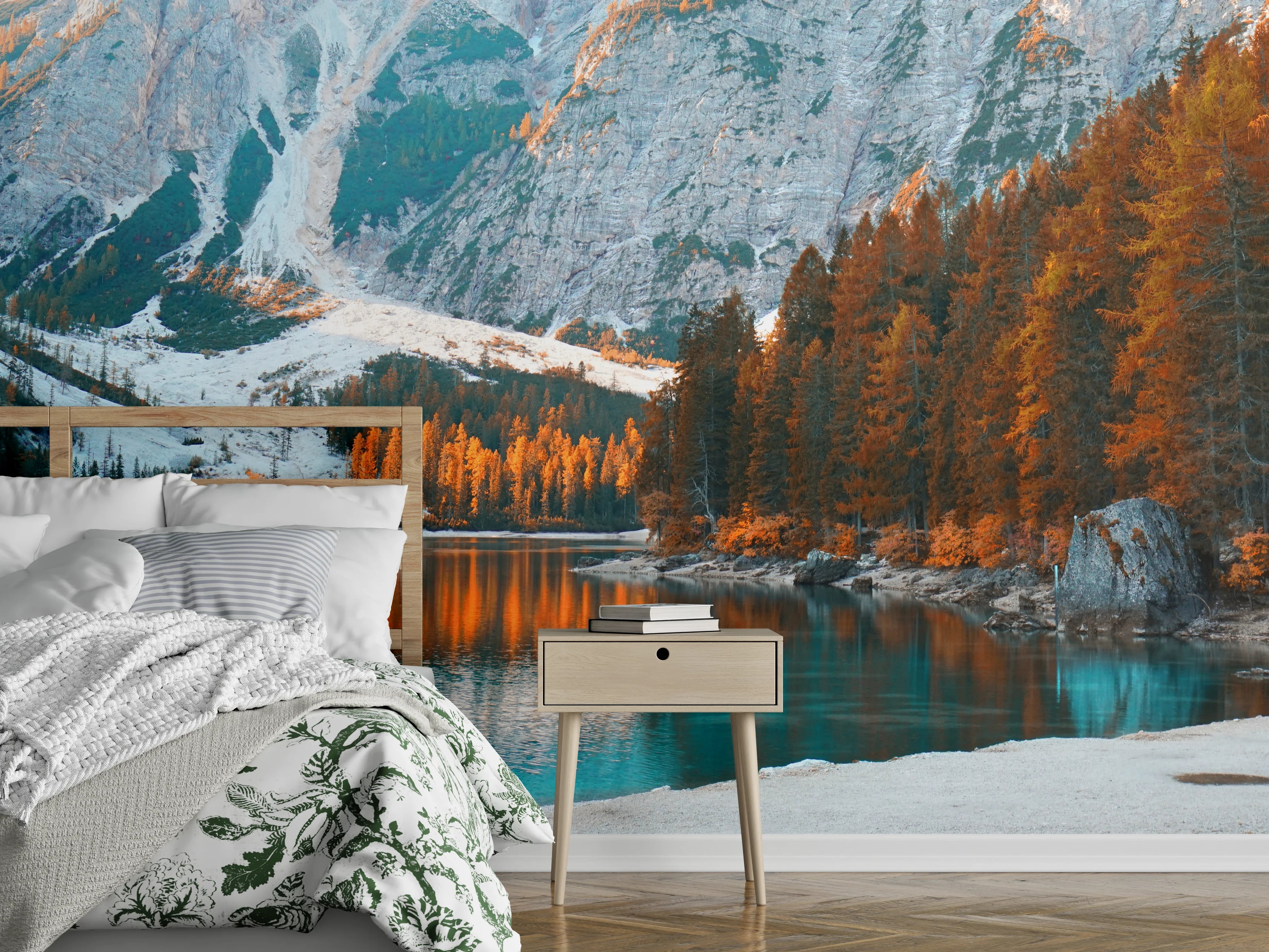 Wandverkleidung Schlafzimmer - Bergsee im Herbstpanorama