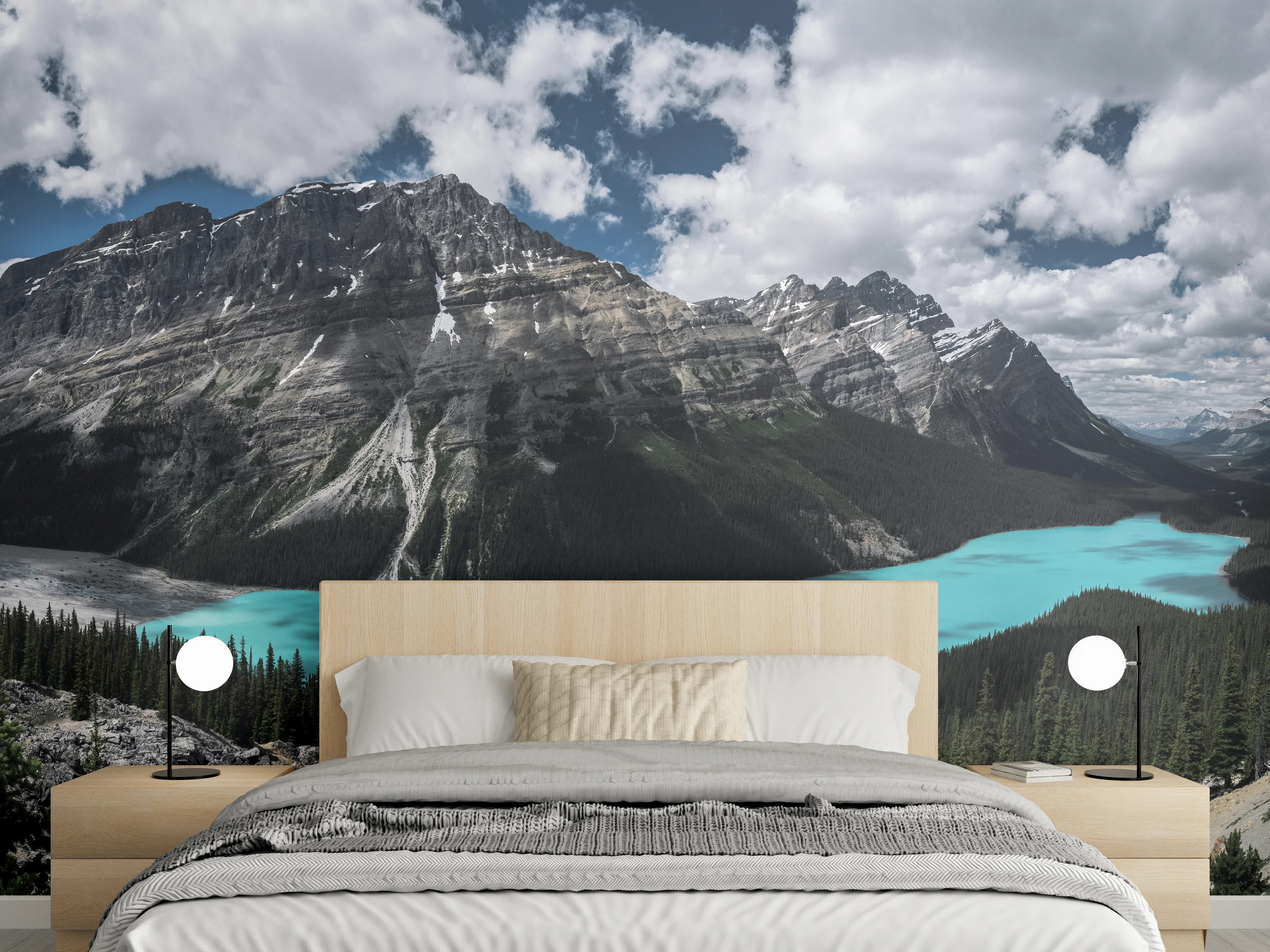 Wandverkleidung Schlafzimmer - Bergsee mit türkisem Wasser vor majestätischen Gipfeln