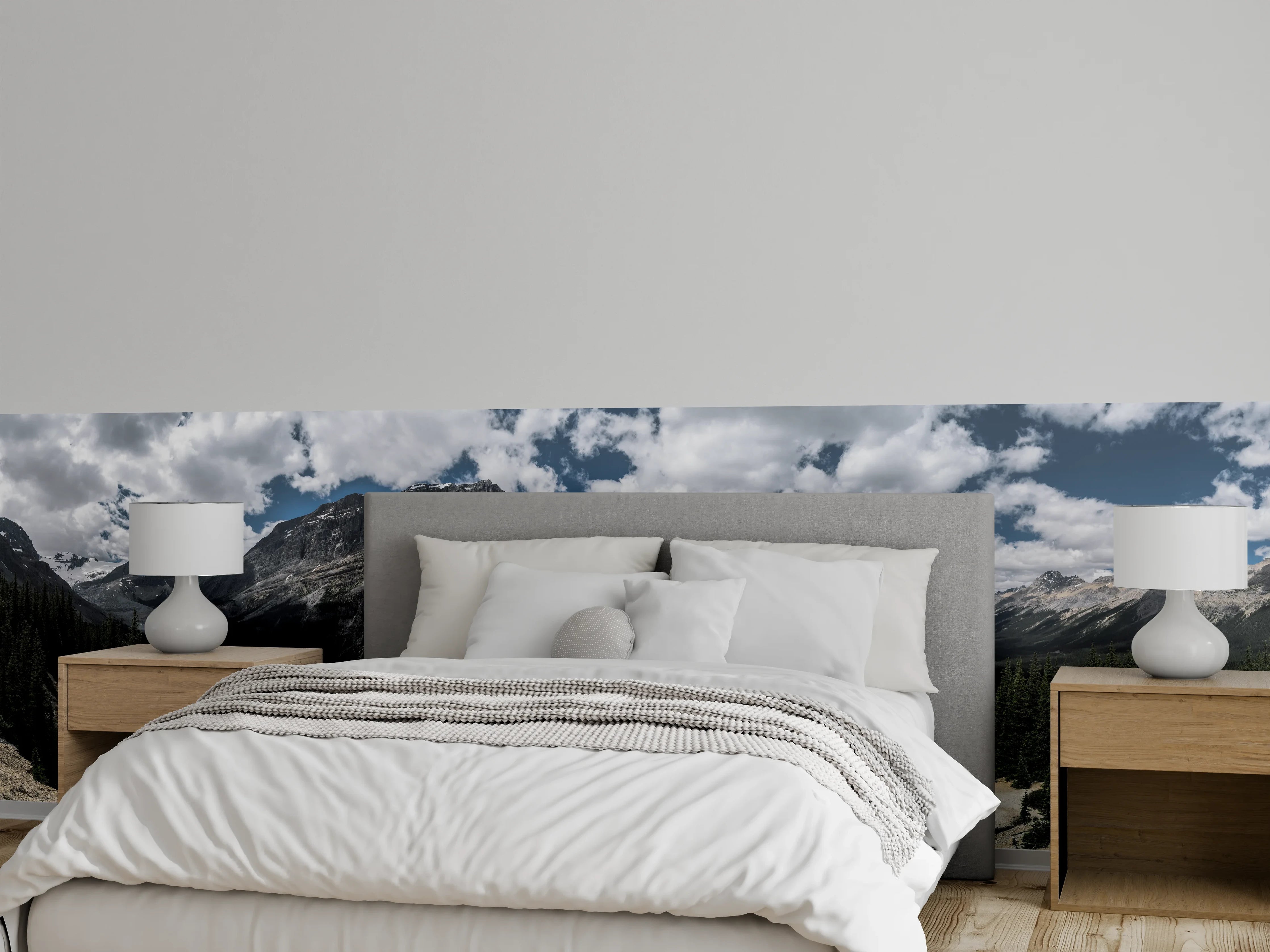 Wandverkleidung Schlafzimmer - Bergsee mit türkisem Wasser vor majestätischen Gipfeln