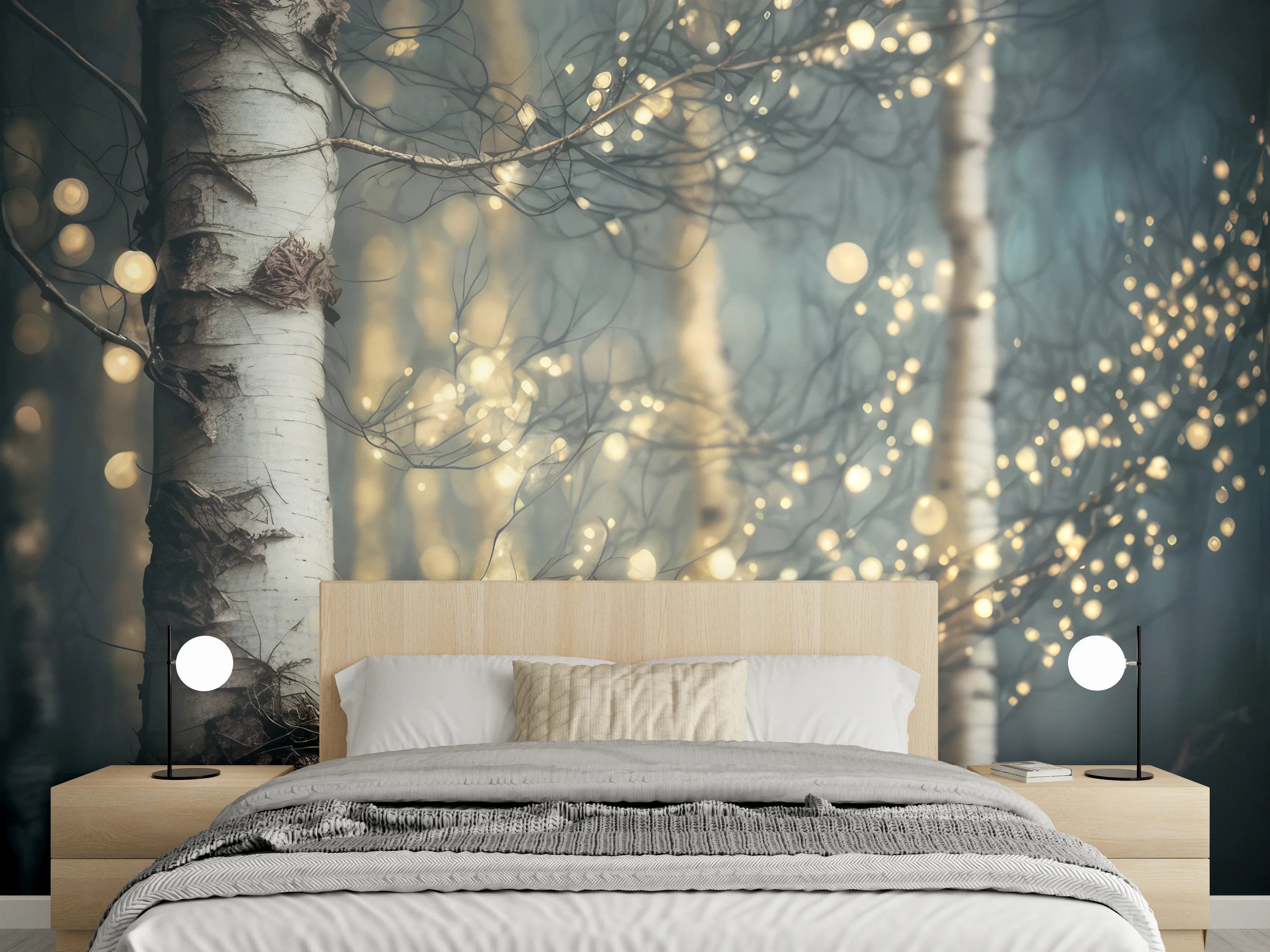Wandverkleidung Schlafzimmer - Birkenwald Lichtertraum Weiß Grau