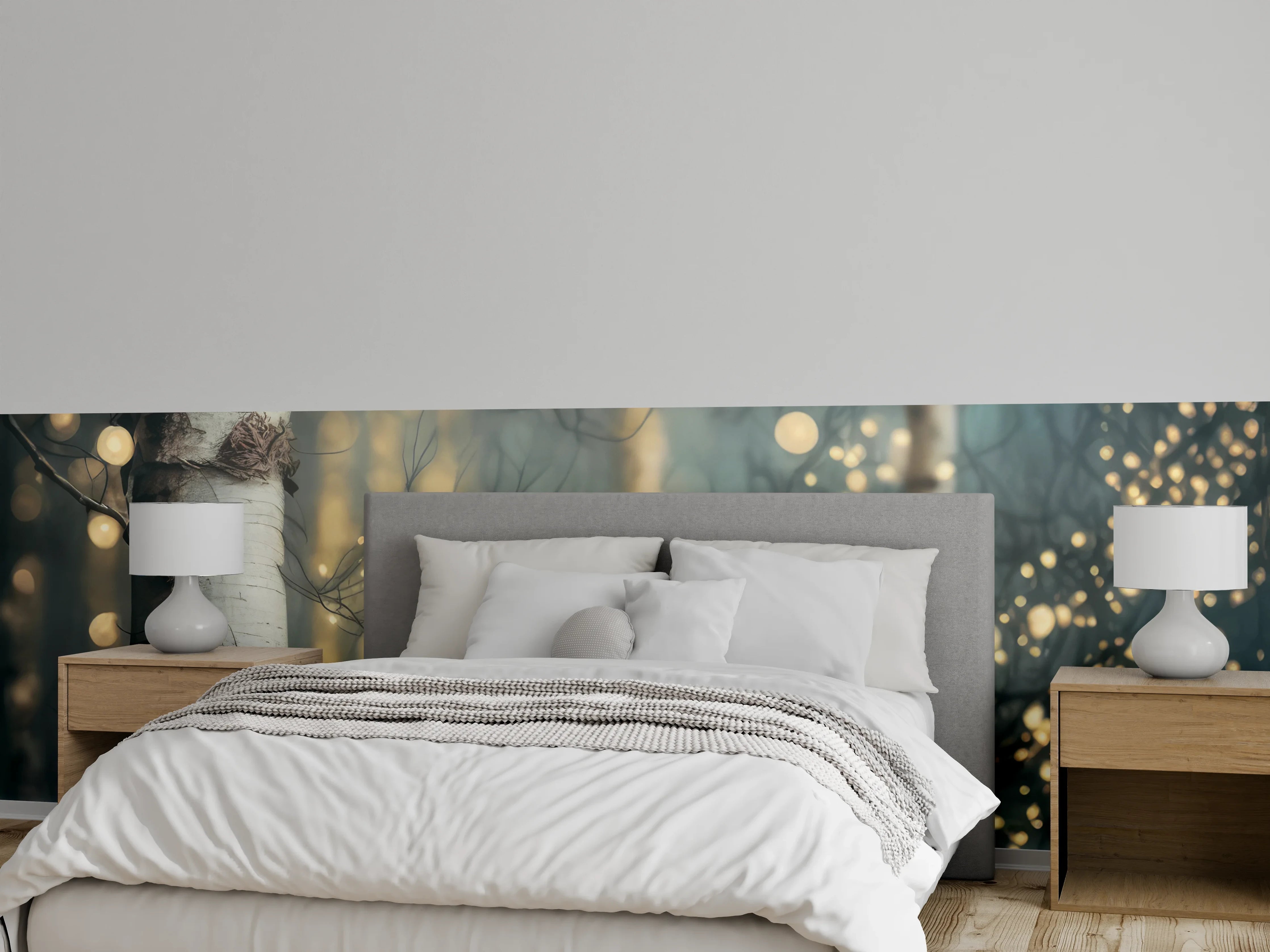 Wandverkleidung Schlafzimmer - Birkenwald Lichtertraum Weiß Grau