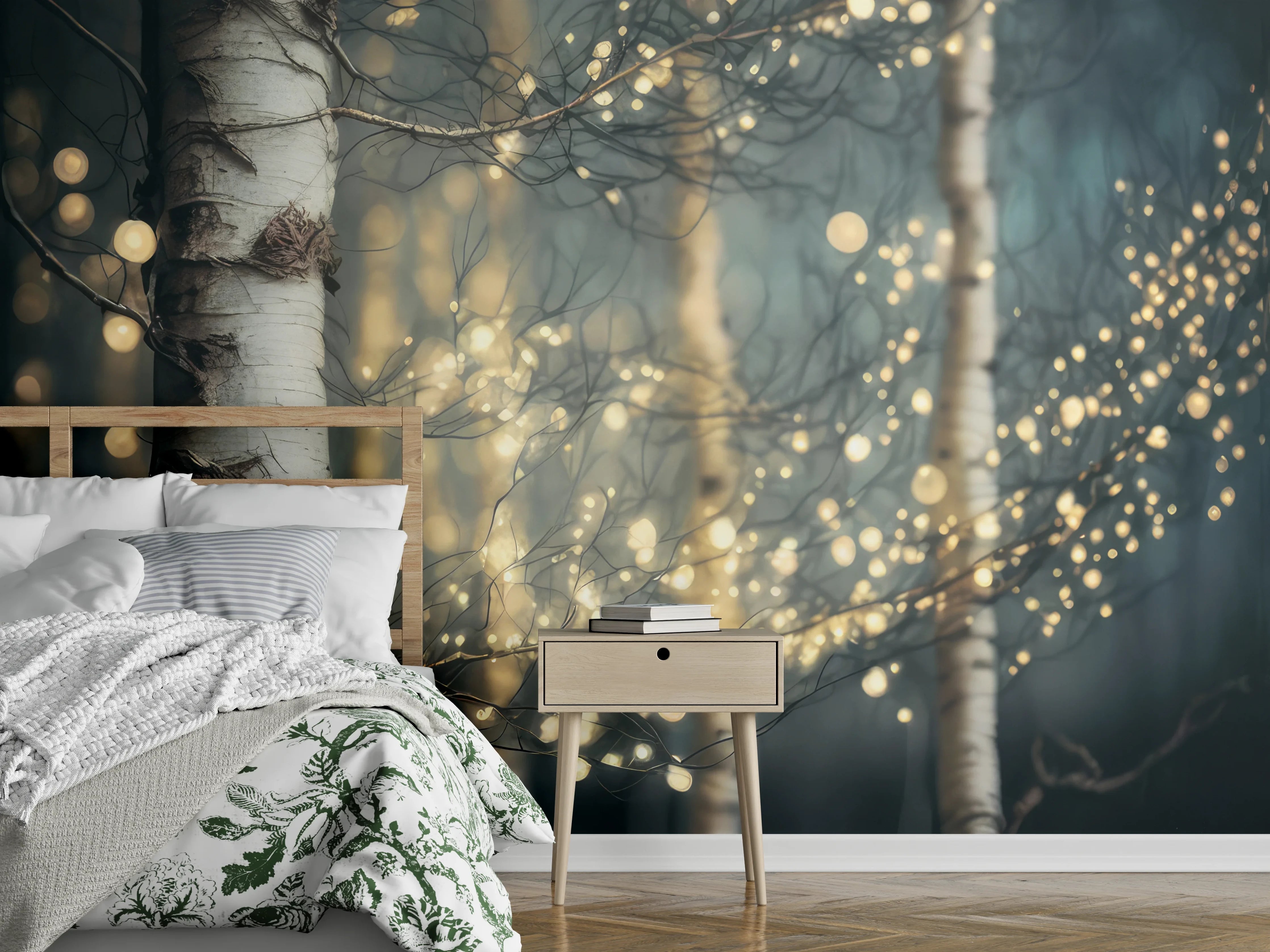 Wandverkleidung Schlafzimmer - Birkenwald Lichtertraum Weiß Grau