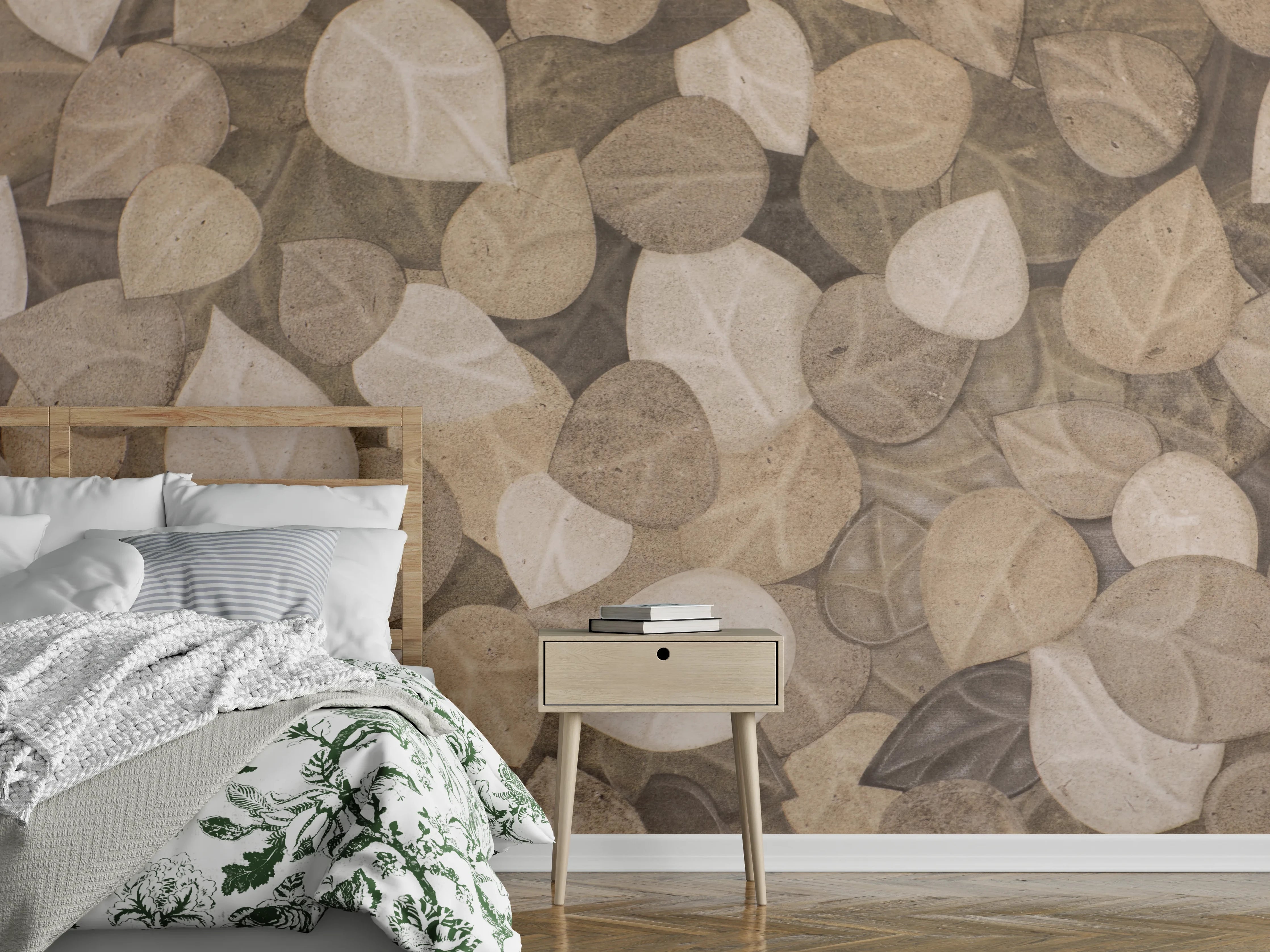 Wandverkleidung Schlafzimmer - Blätter-Muster in Naturtönen