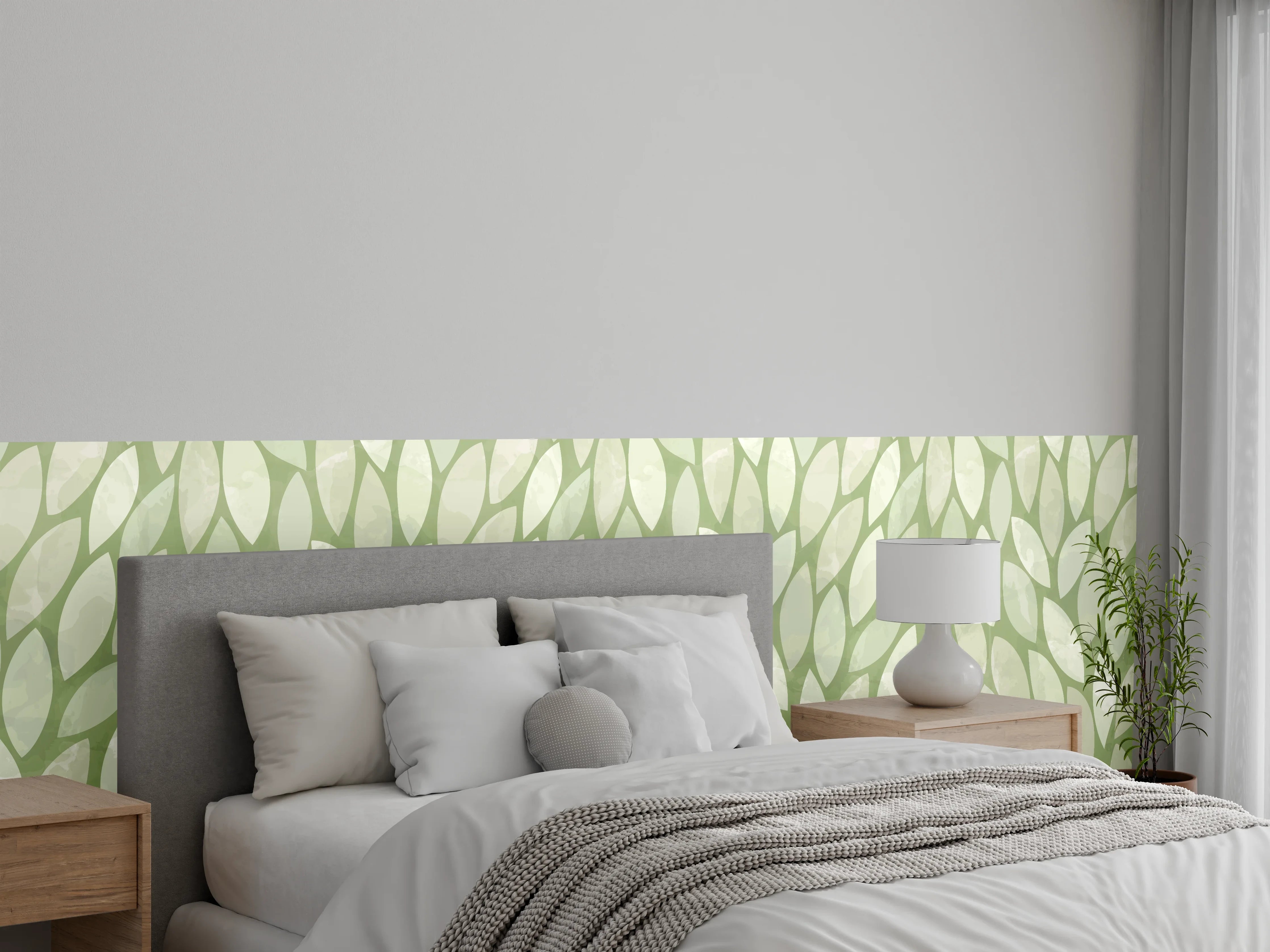 Wandverkleidung Schlafzimmer - Blättermuster in sanften Grüntönen
