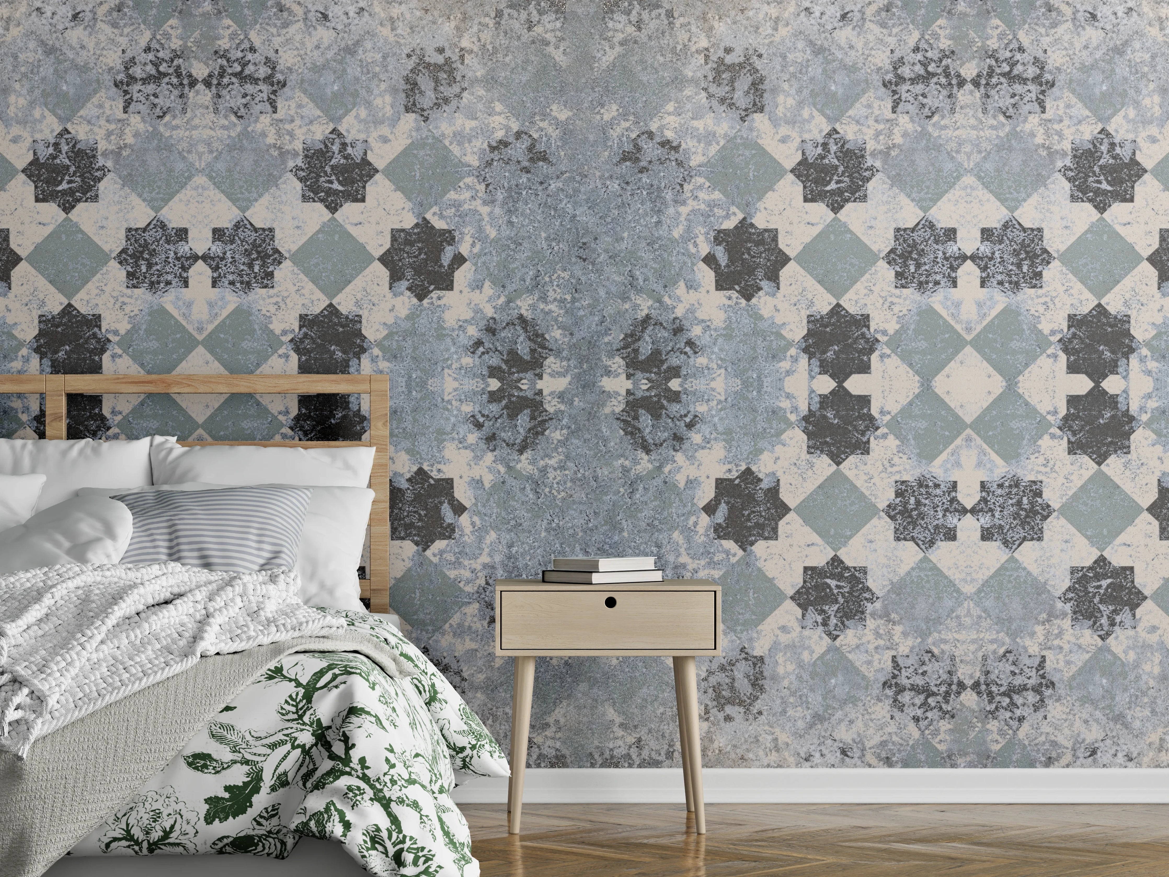 Wandverkleidung Schlafzimmer - Bläuliche Vintage Wandmuster