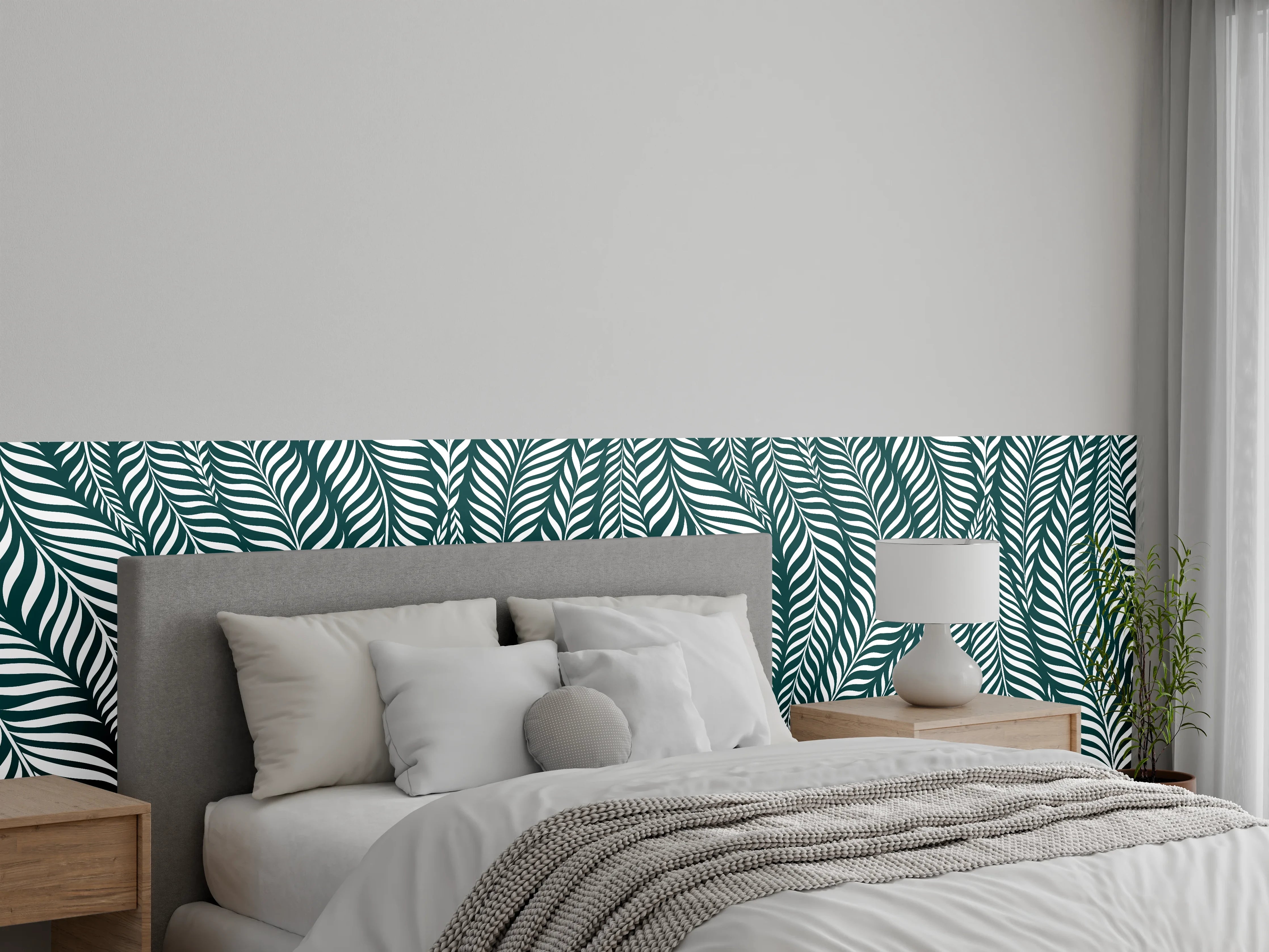Wandverkleidung Schlafzimmer - Blattmuster Grün-Weiß Wanddeko Modern