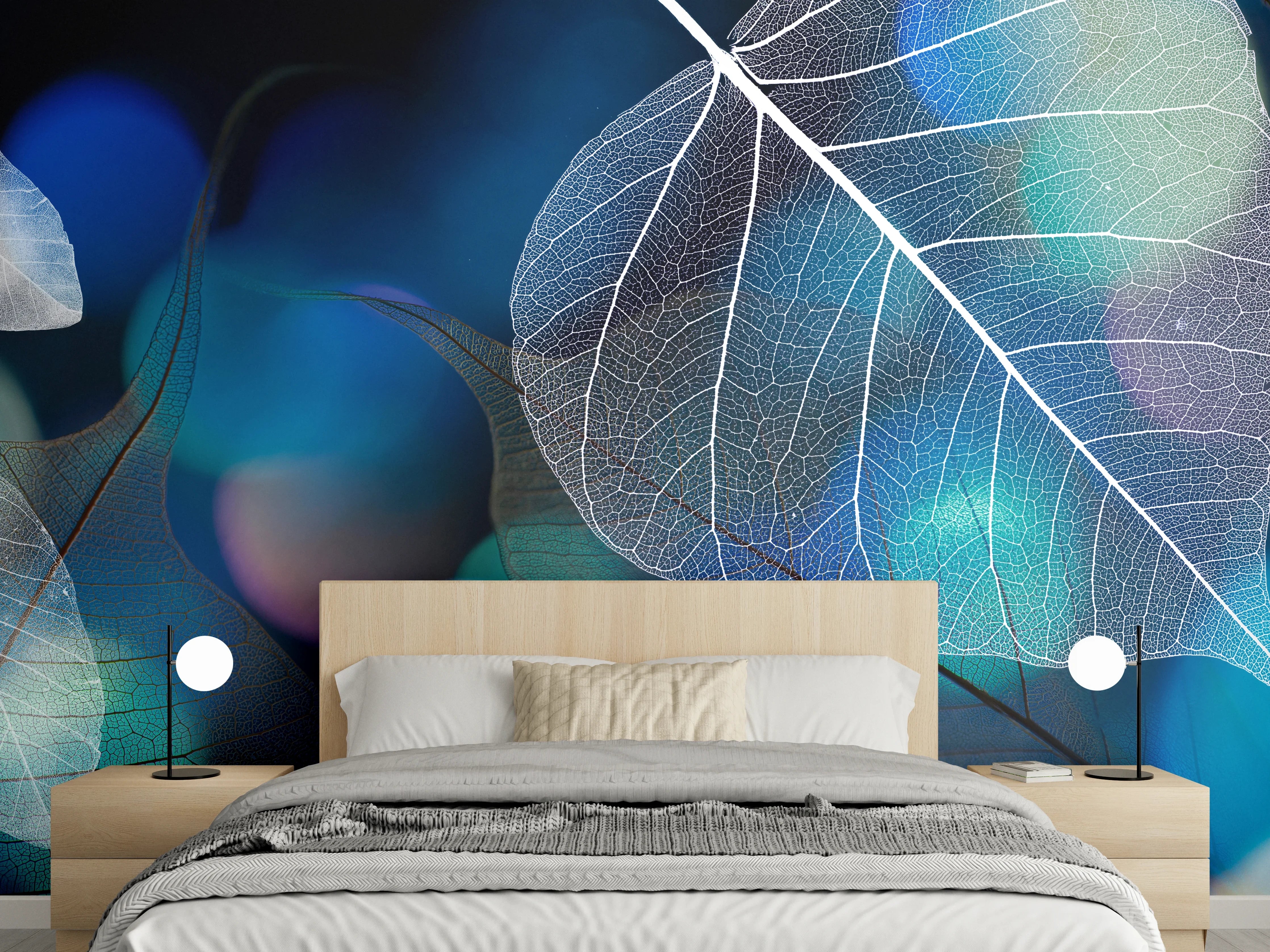 Wandverkleidung Schlafzimmer - Blattstruktur mit Lichtbokeh Effekt