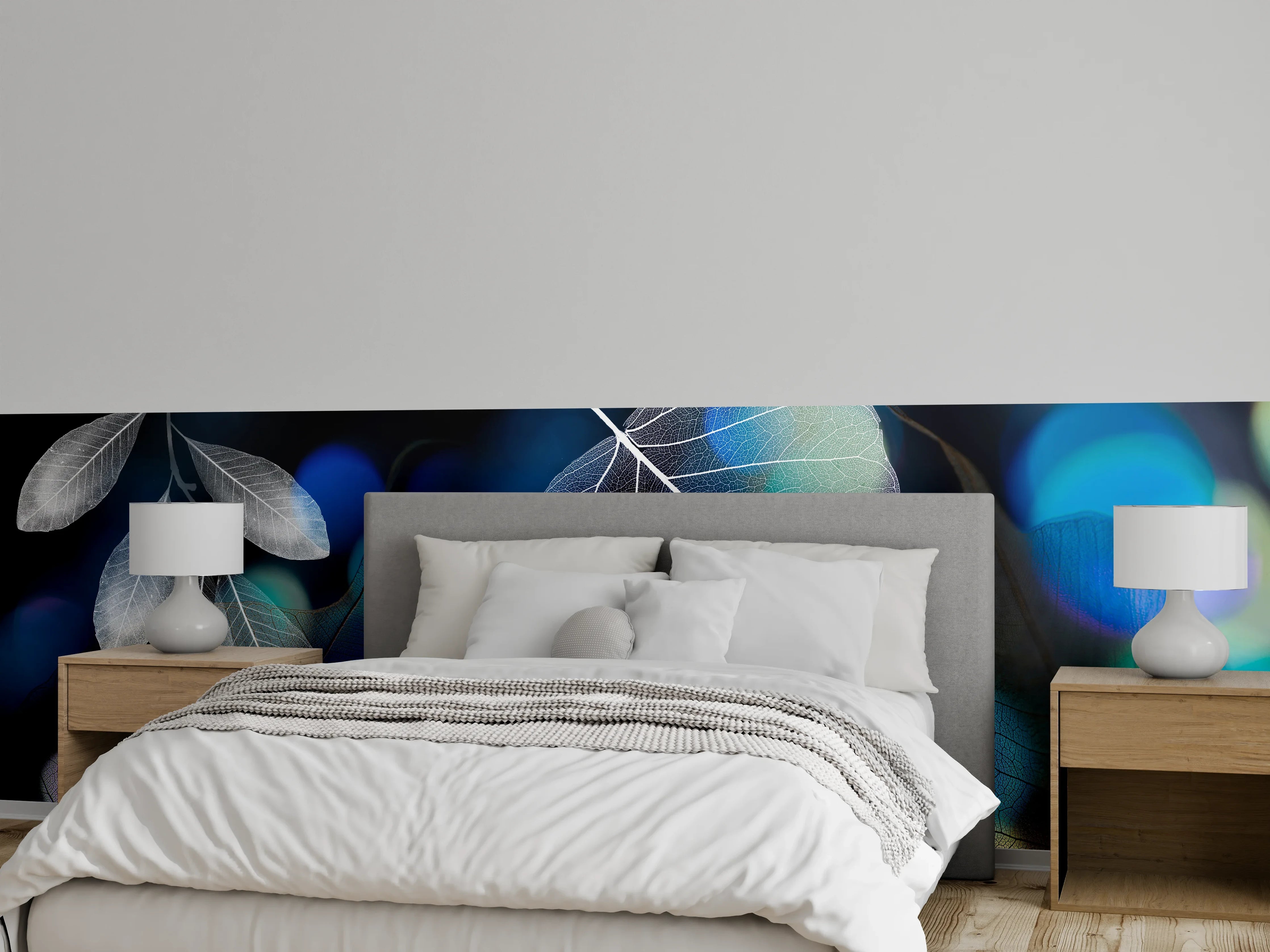 Wandverkleidung Schlafzimmer - Blattstruktur mit Lichtbokeh Effekt