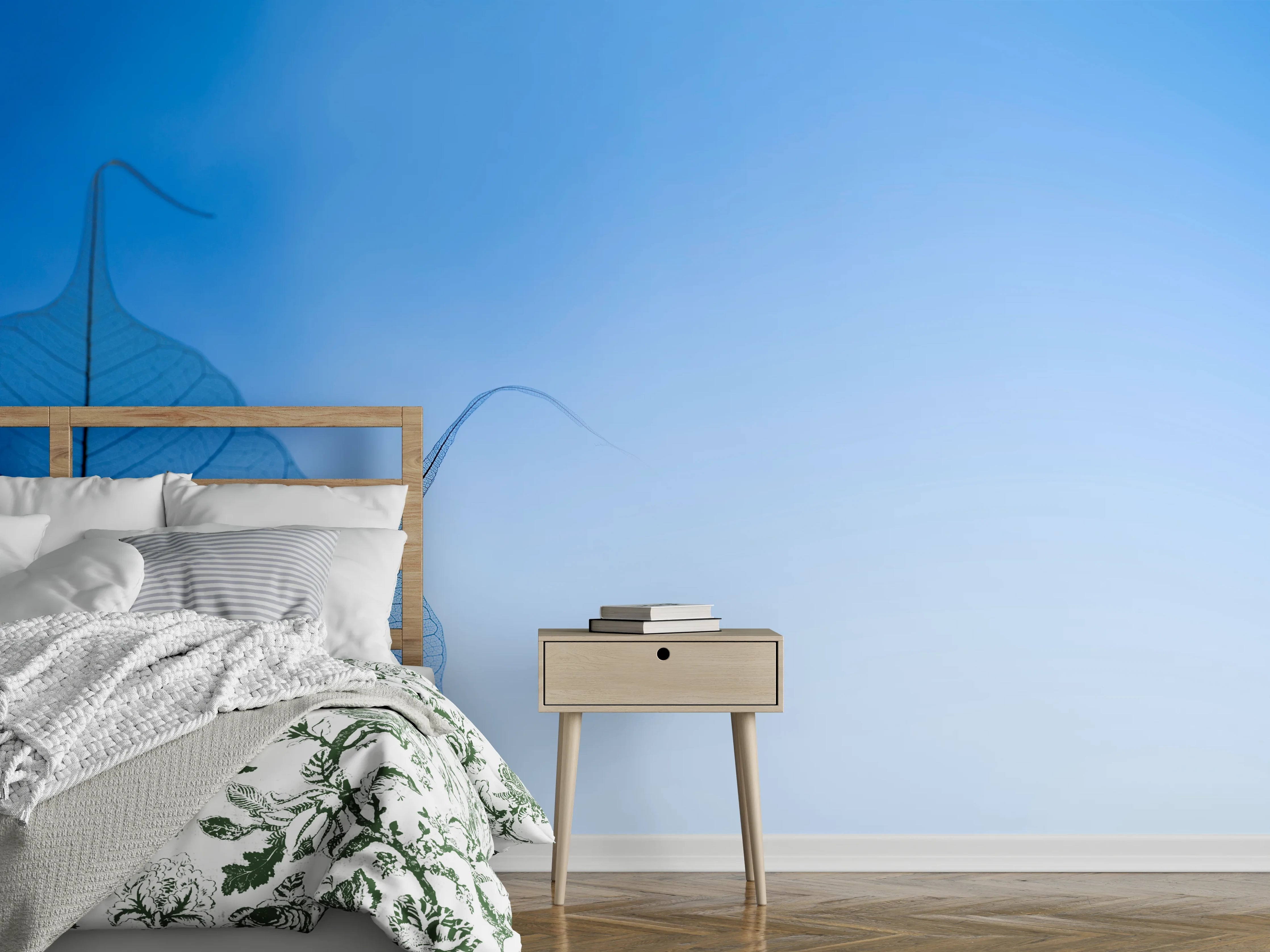 Wandverkleidung Schlafzimmer - Blattstruktur vor himmelblauem Hintergrund