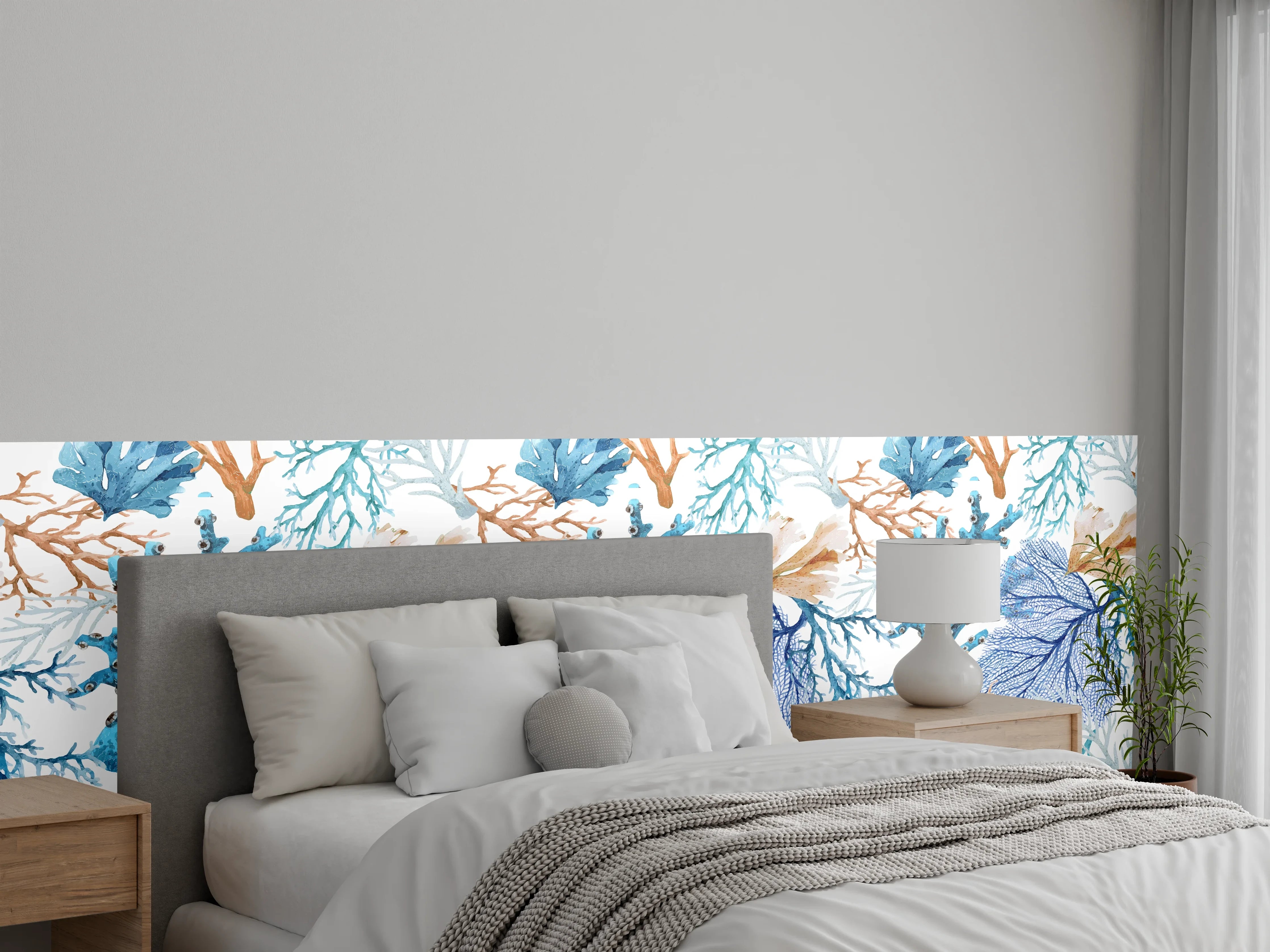 Wandverkleidung Schlafzimmer - Blau-Beige Korallenmuster