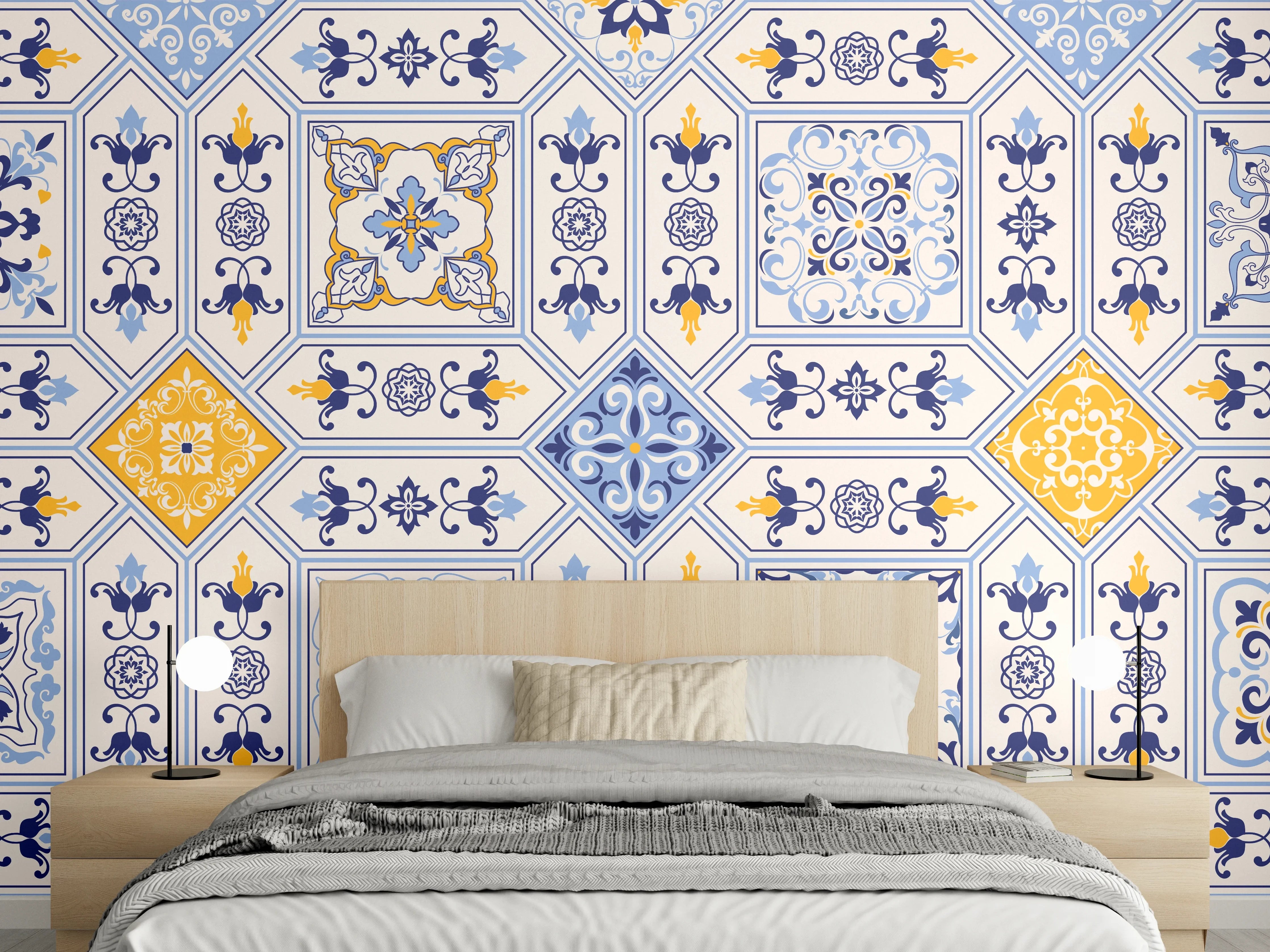 Wandverkleidung Schlafzimmer - Blau-Gelbe Fliesenmuster