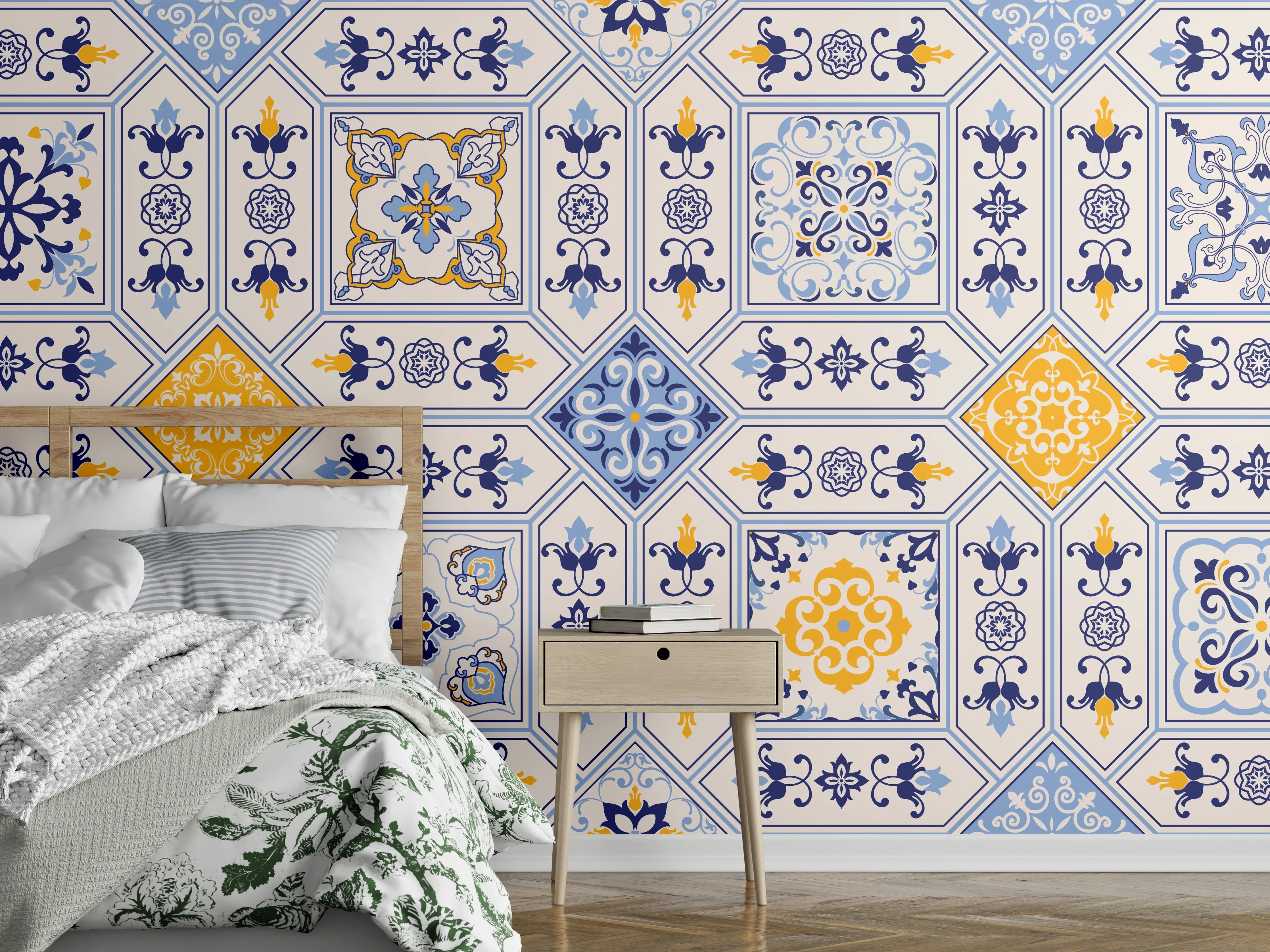 Wandverkleidung Schlafzimmer - Blau-Gelbe Fliesenmuster