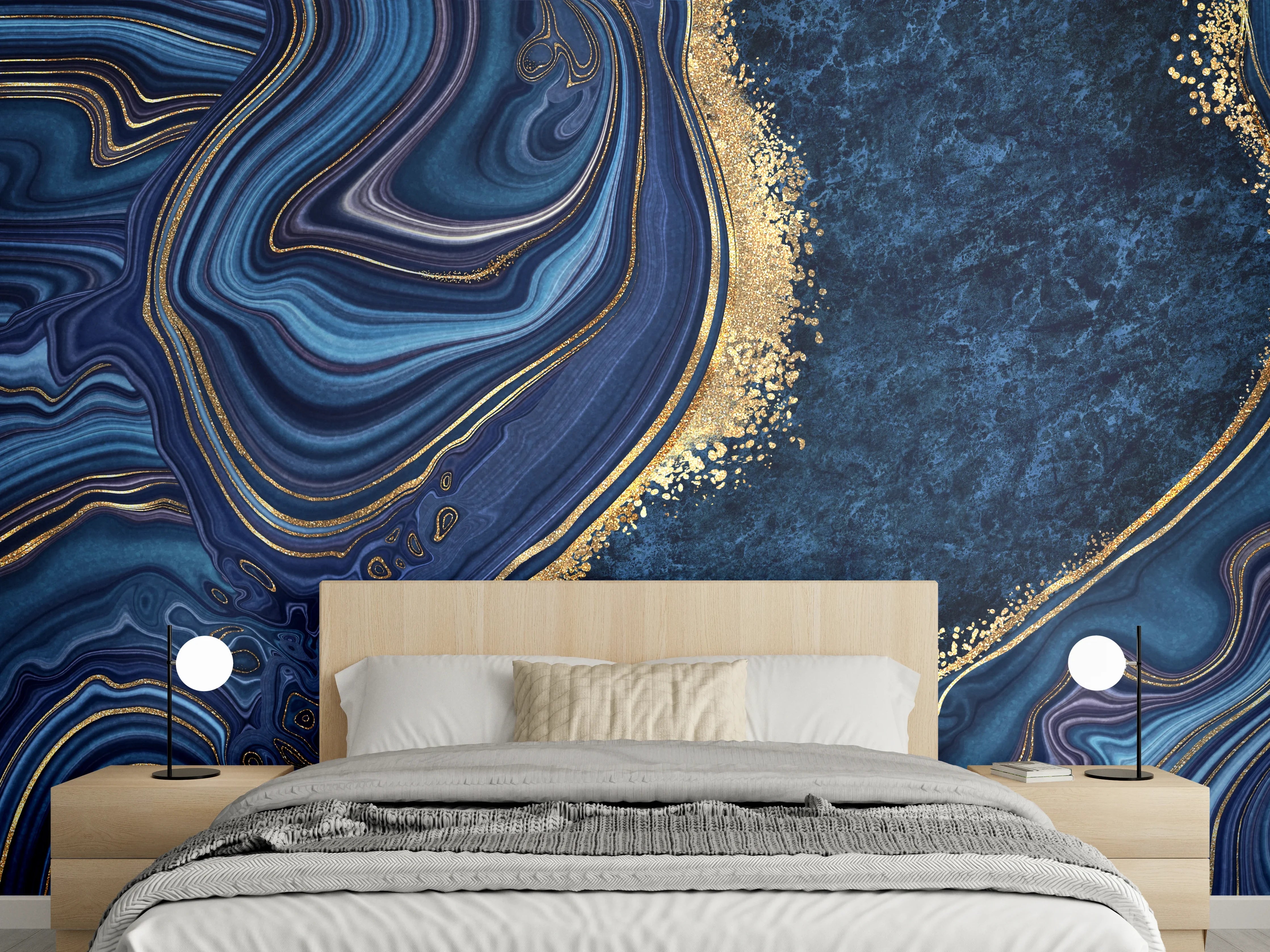 Wandverkleidung Schlafzimmer - Blau-Goldene Marmorschleier mit Grautönen
