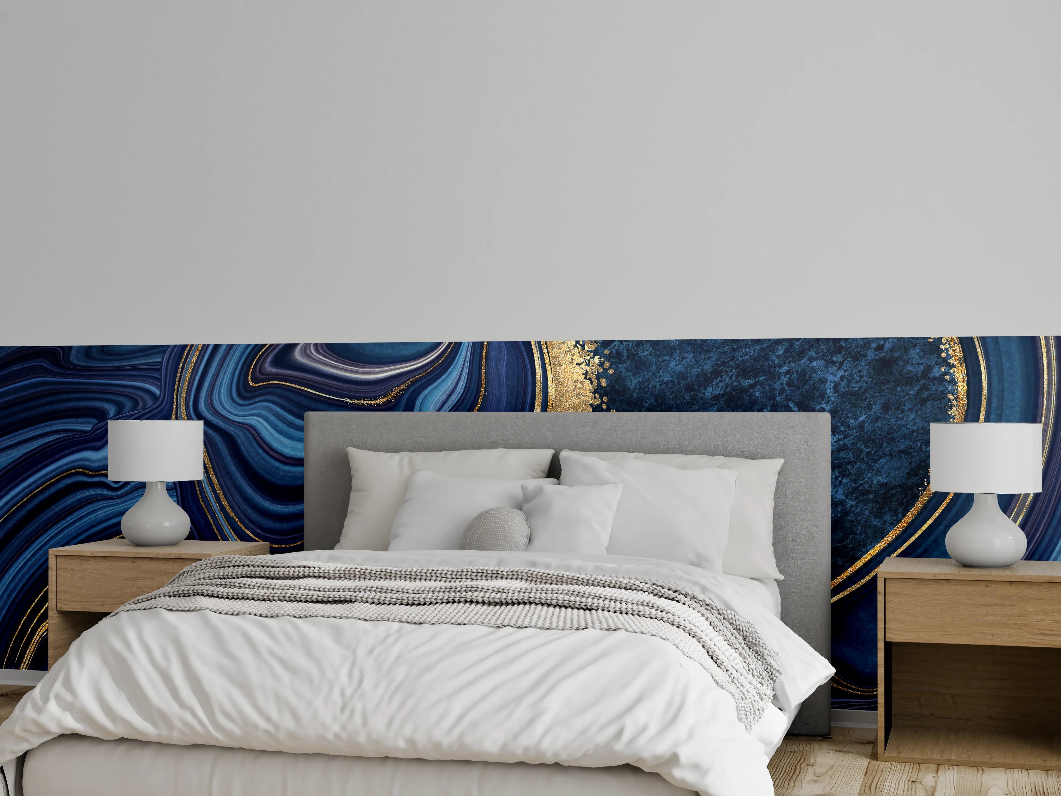 Wandverkleidung Schlafzimmer - Blau-Goldene Marmorschleier mit Grautönen